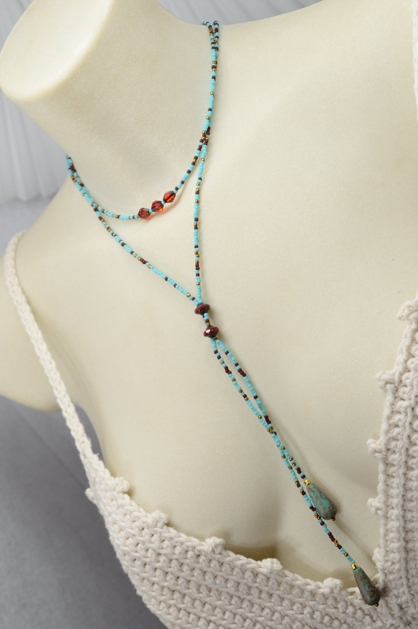 Turquoise Beaded Lariat Necklace with Glass Beads – Adjustable Boho Y Necklace