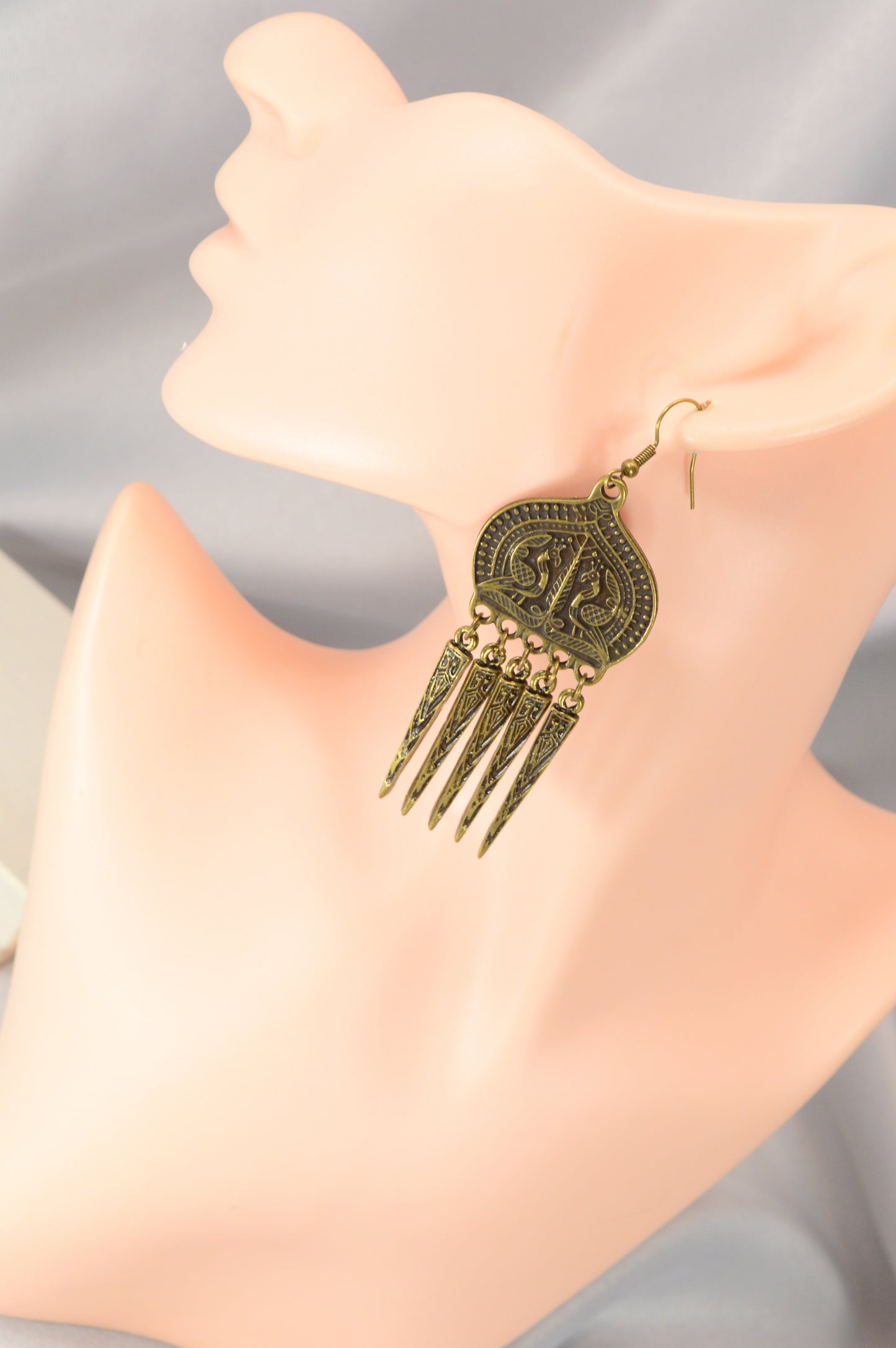 Boho Ethnic Peacock Dangle Earrings – Bronze – 9 cm / 3.5"