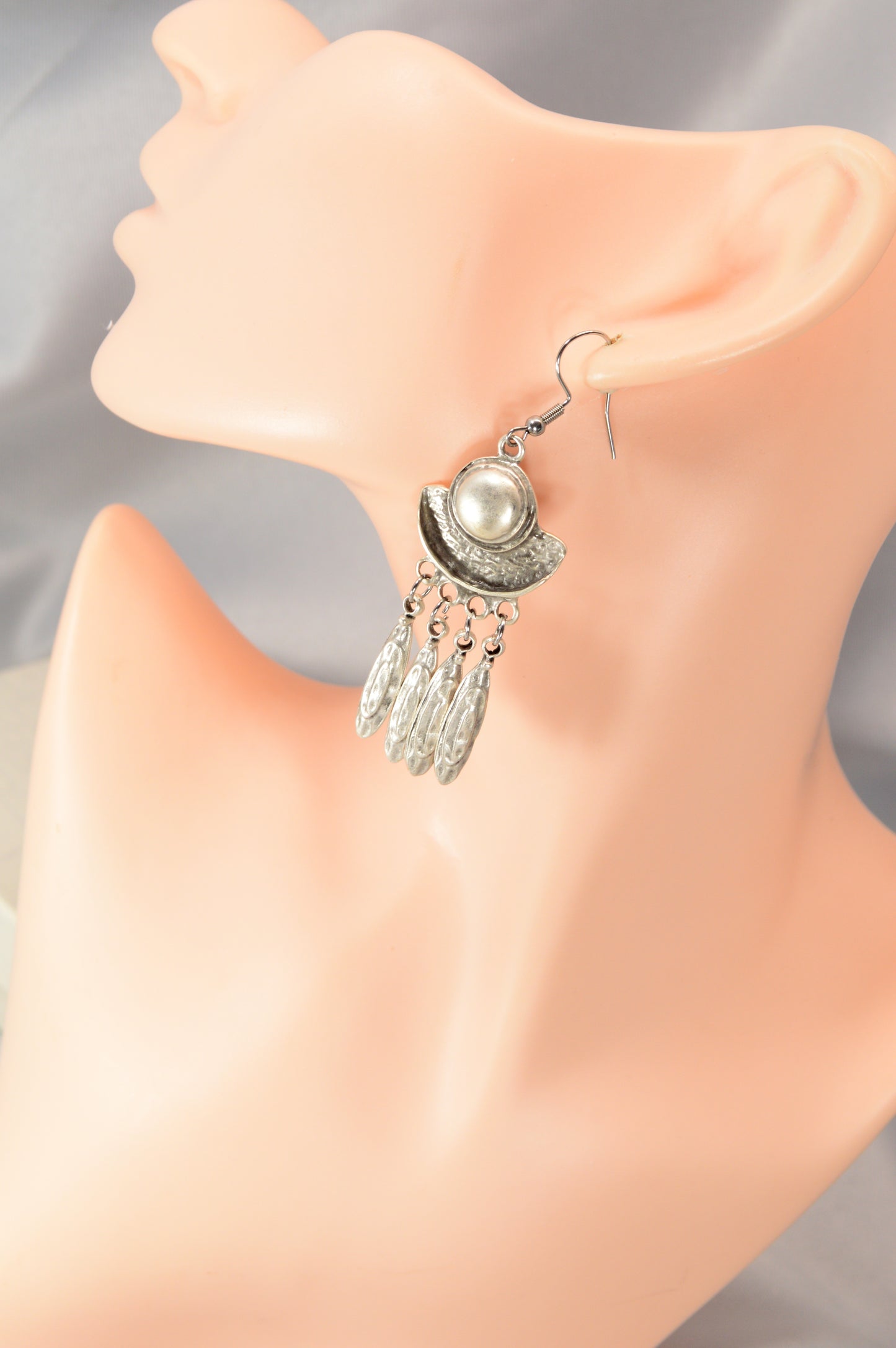 Boho Crescent Dangle Earrings in Silver & Bronze – 7.5 cm / 3"