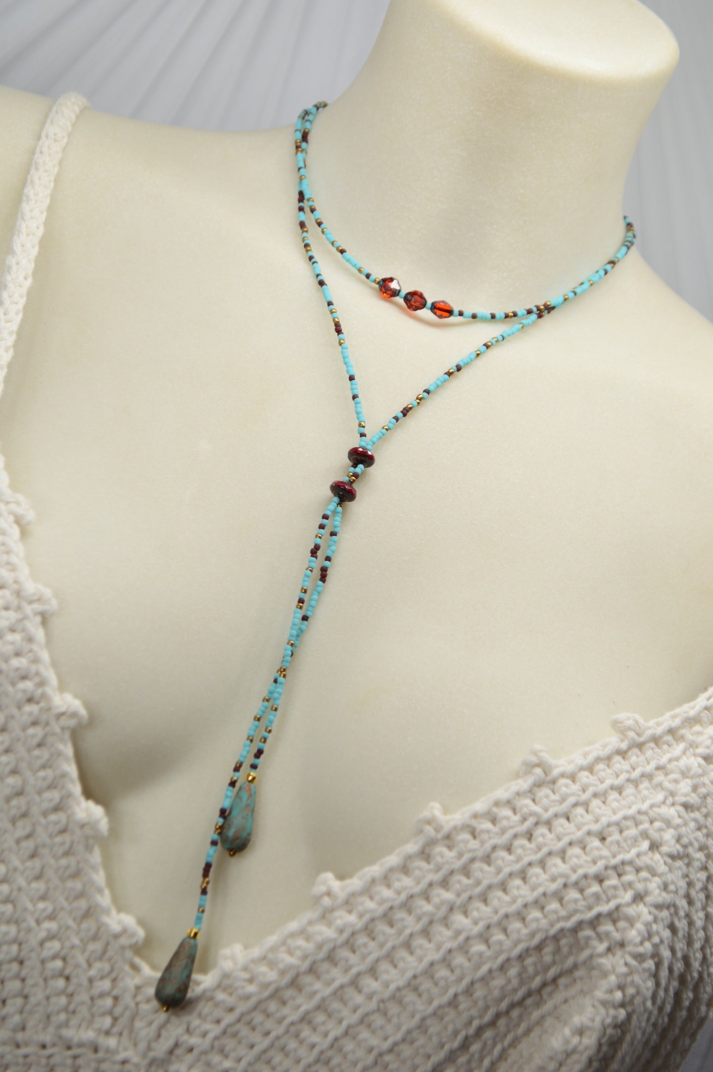 Turquoise Beaded Lariat Necklace with Glass Beads – Adjustable Boho Y Necklace