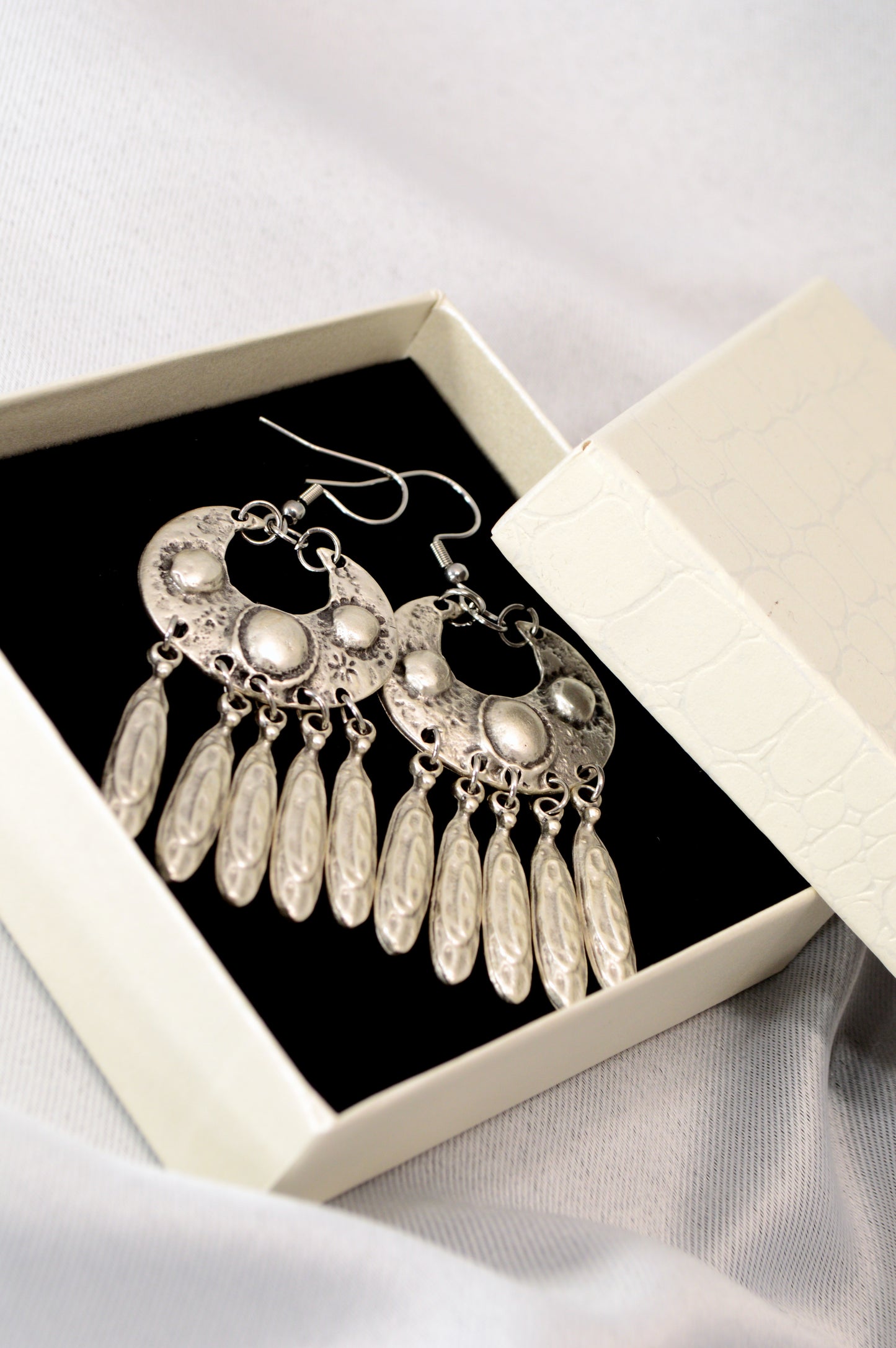 Boho Vintage Silver Dangle Earrings with Stainless Steel Hooks  7.5cm - 3"