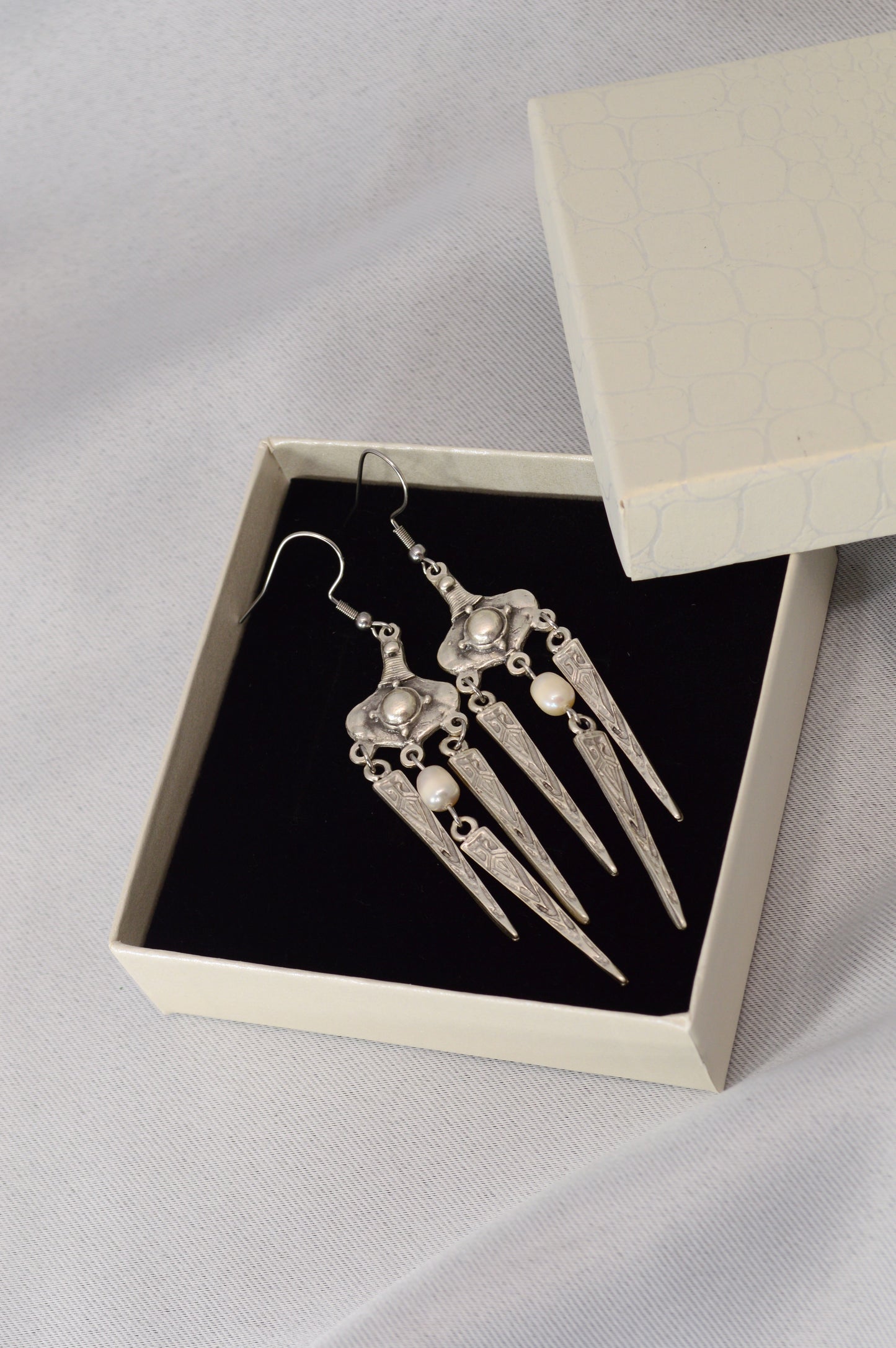 Boho Tribal Pearl Dangle Earrings in Silver & Bronze 10cm - 4"