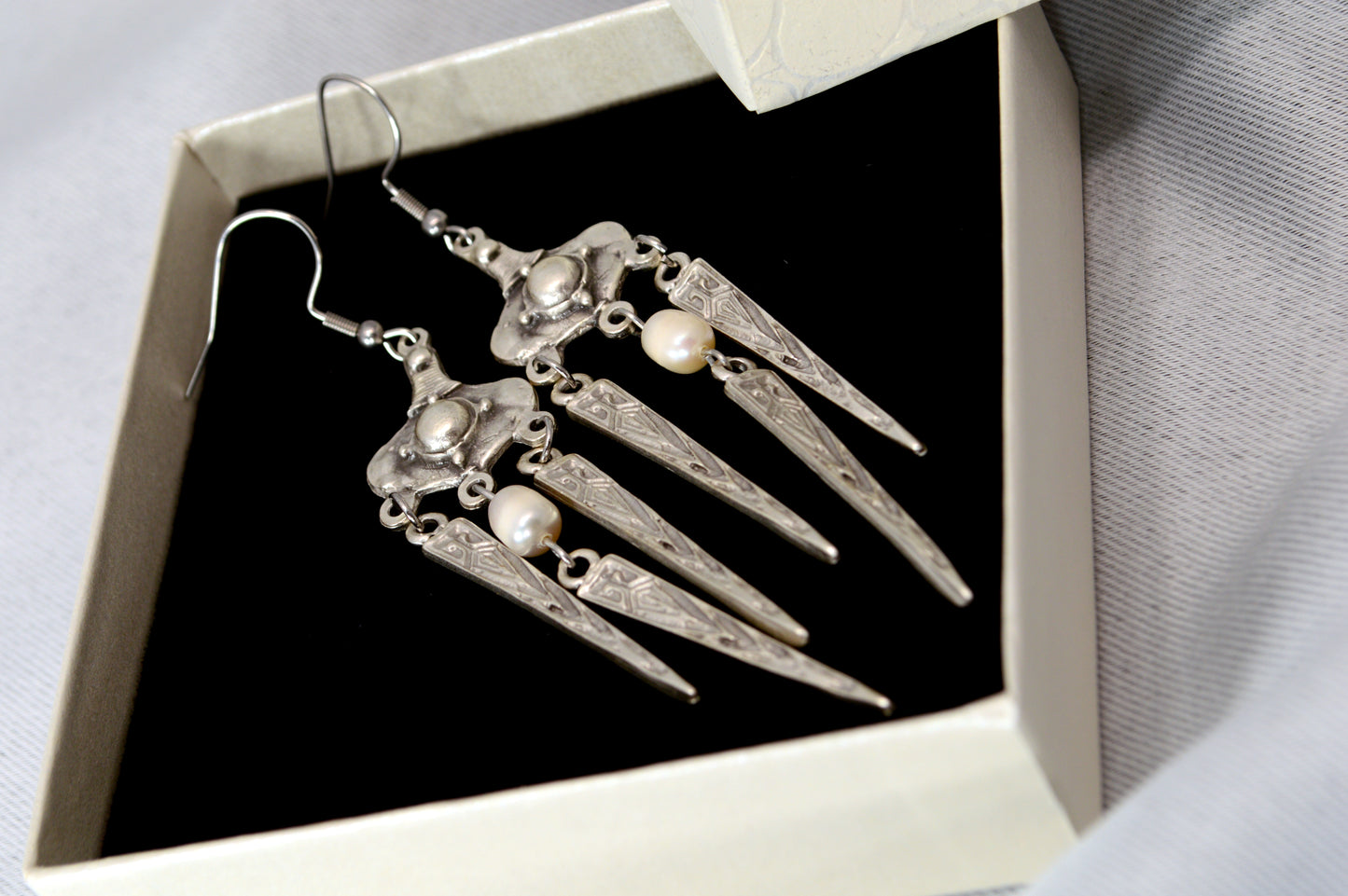 Boho Tribal Pearl Dangle Earrings in Silver & Bronze 10cm - 4"