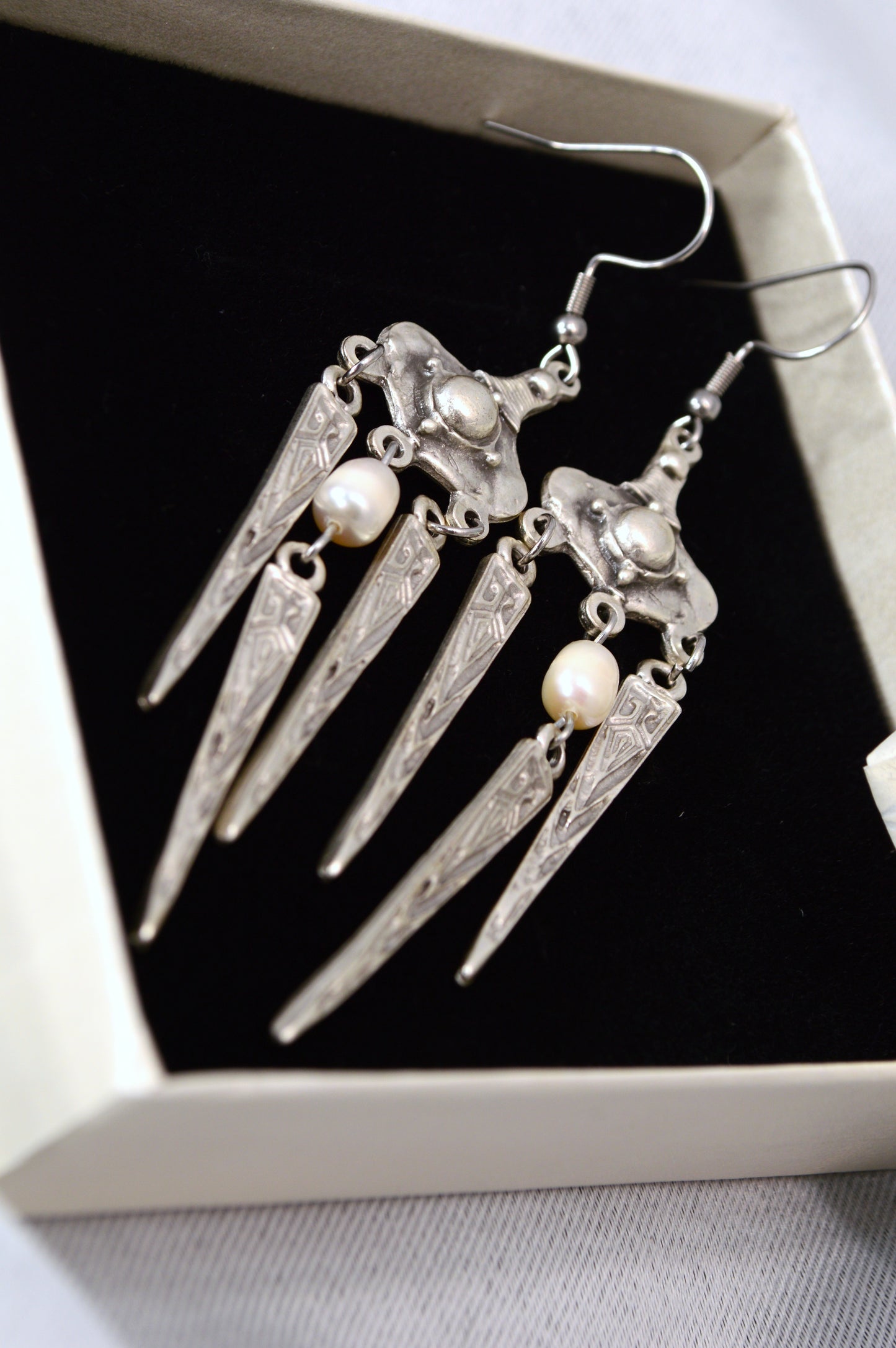 Boho Tribal Pearl Dangle Earrings in Silver & Bronze 10cm - 4"