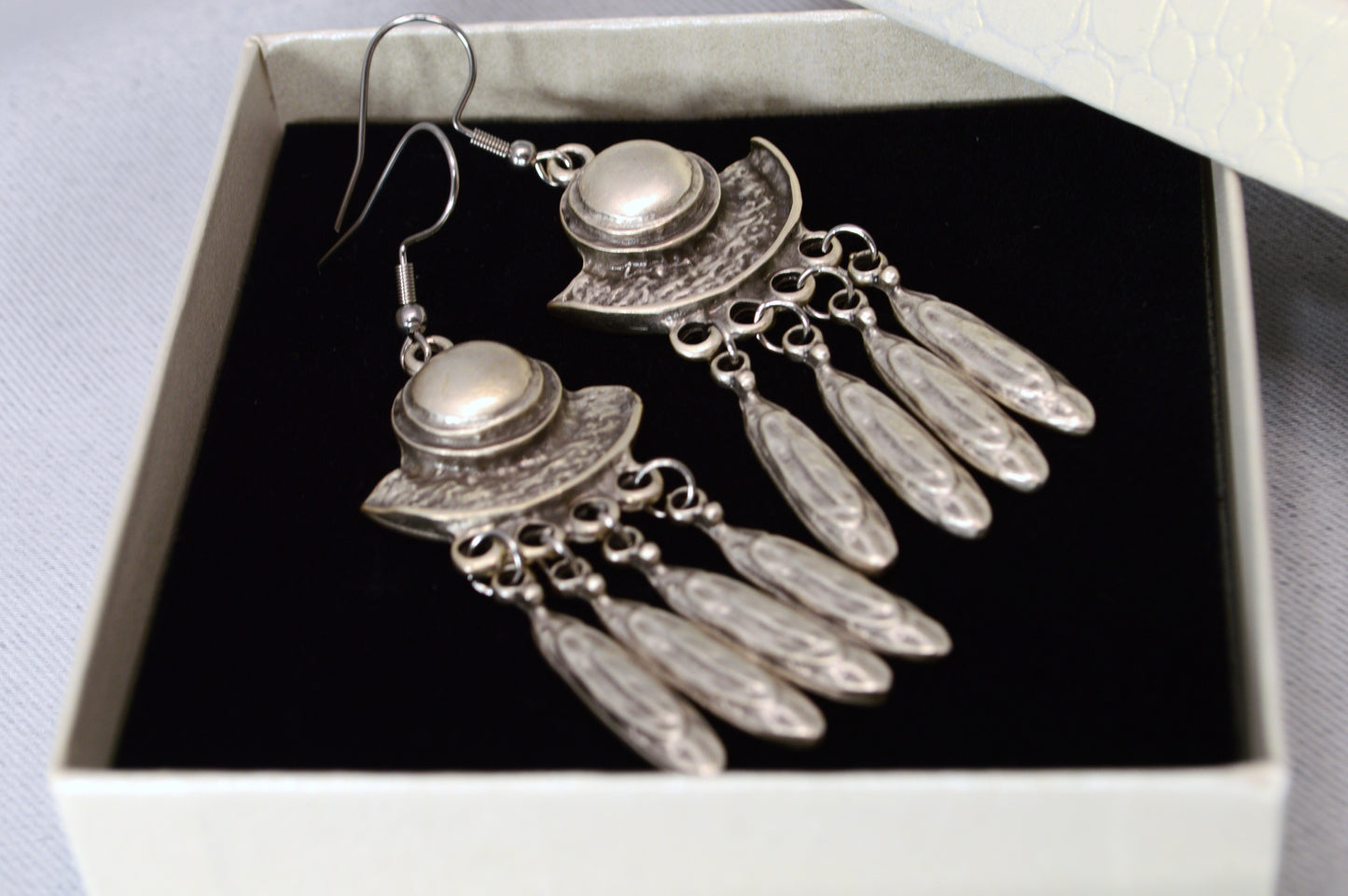 Boho Crescent Dangle Earrings in Silver & Bronze – 7.5 cm / 3"