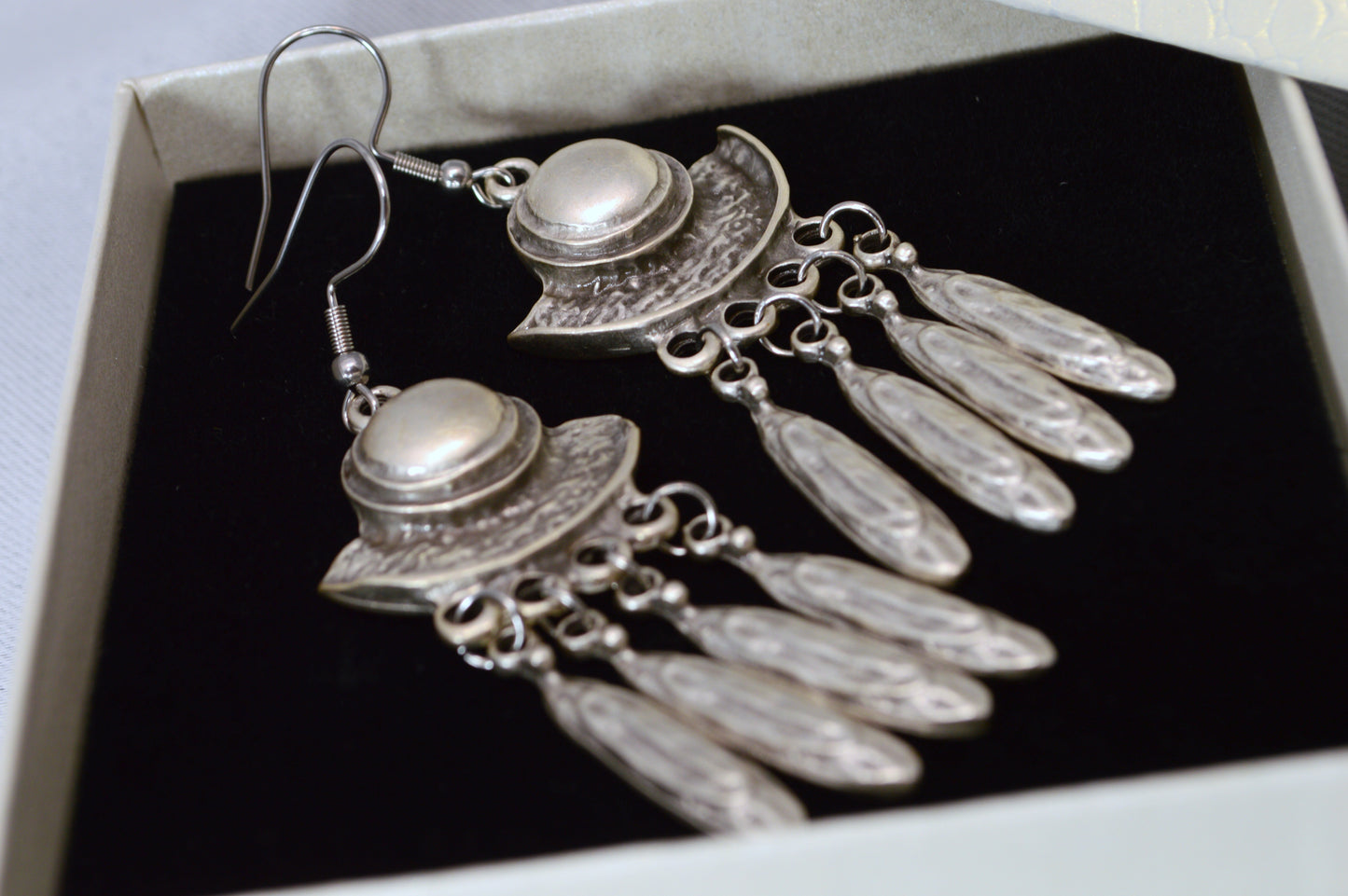 Boho Crescent Dangle Earrings in Silver & Bronze – 7.5 cm / 3"