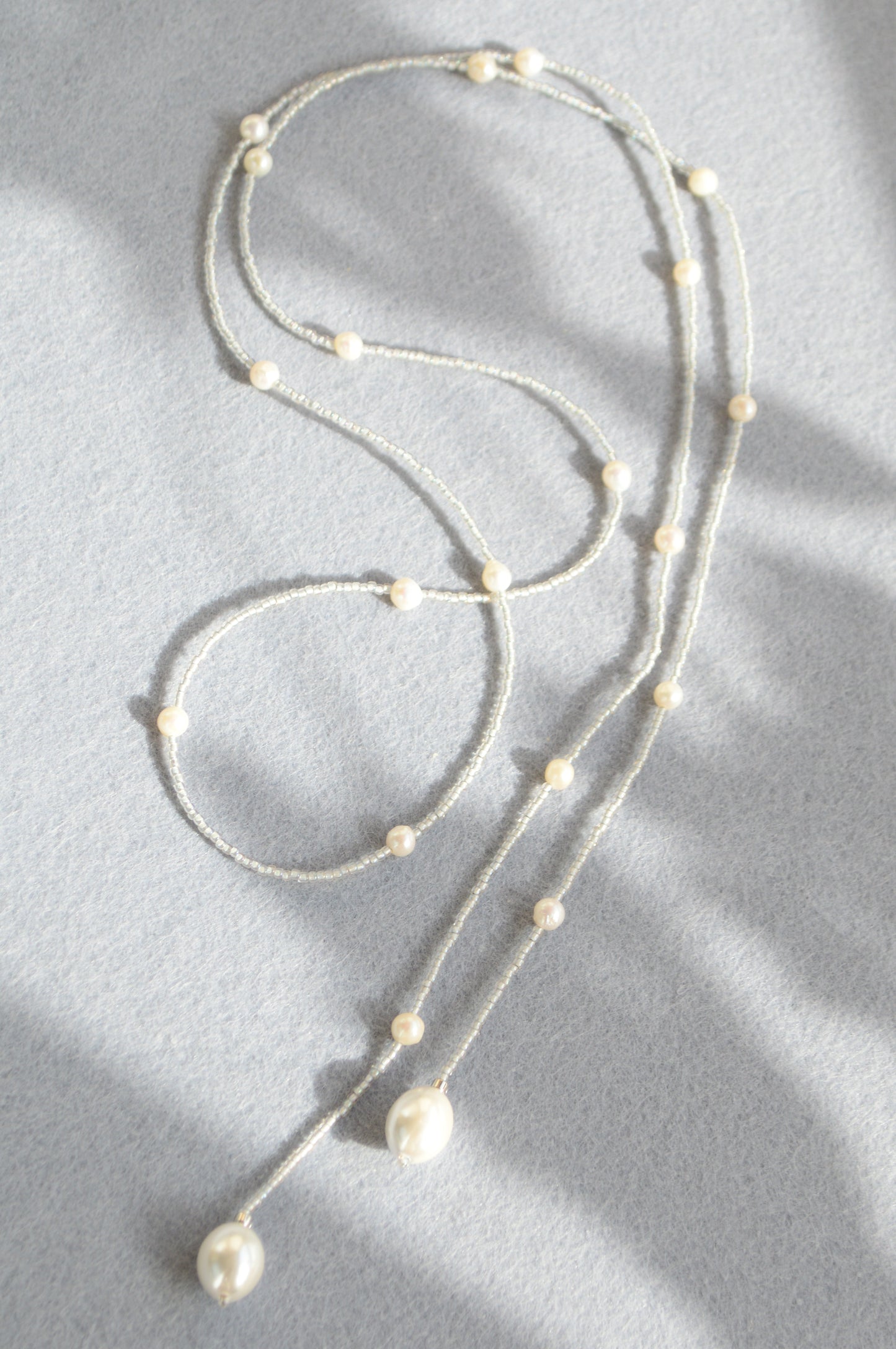 White Pearl Lariat Necklace – Adjustable Seed Bead Y Necklace