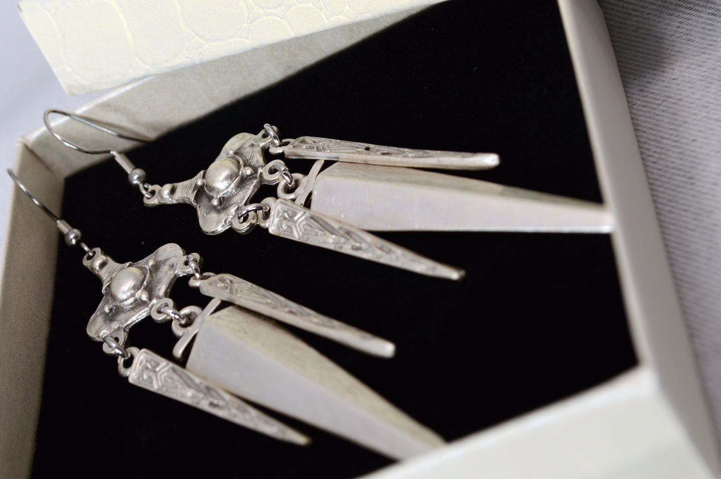 Boho Tribal Spike Dangle Earrings in Silver & Bronze 10cm - 4"