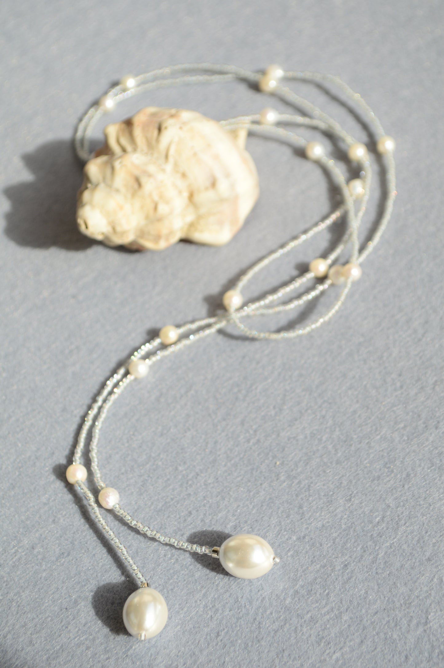 White Pearl Lariat Necklace – Adjustable Seed Bead Y Necklace
