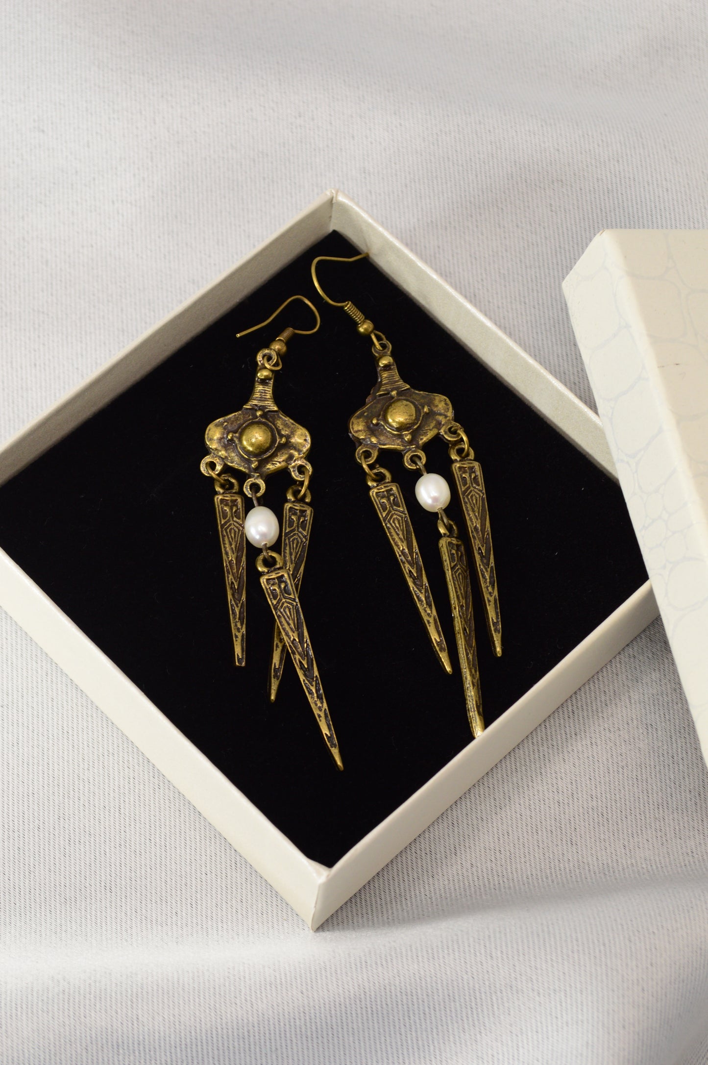 Boho Tribal Pearl Dangle Earrings in Silver & Bronze 10cm - 4"