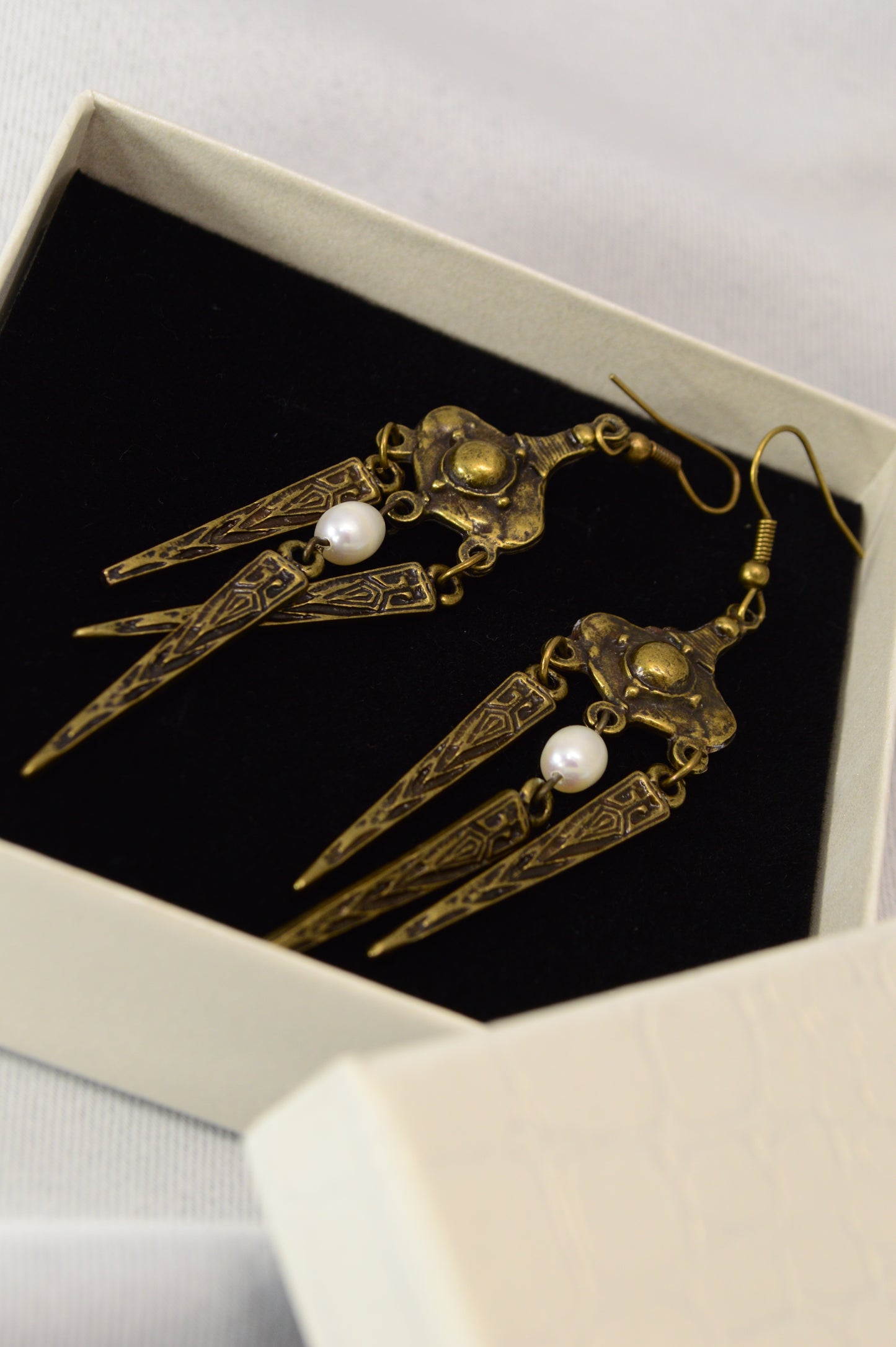 Boho Tribal Pearl Dangle Earrings in Silver & Bronze 10cm - 4"