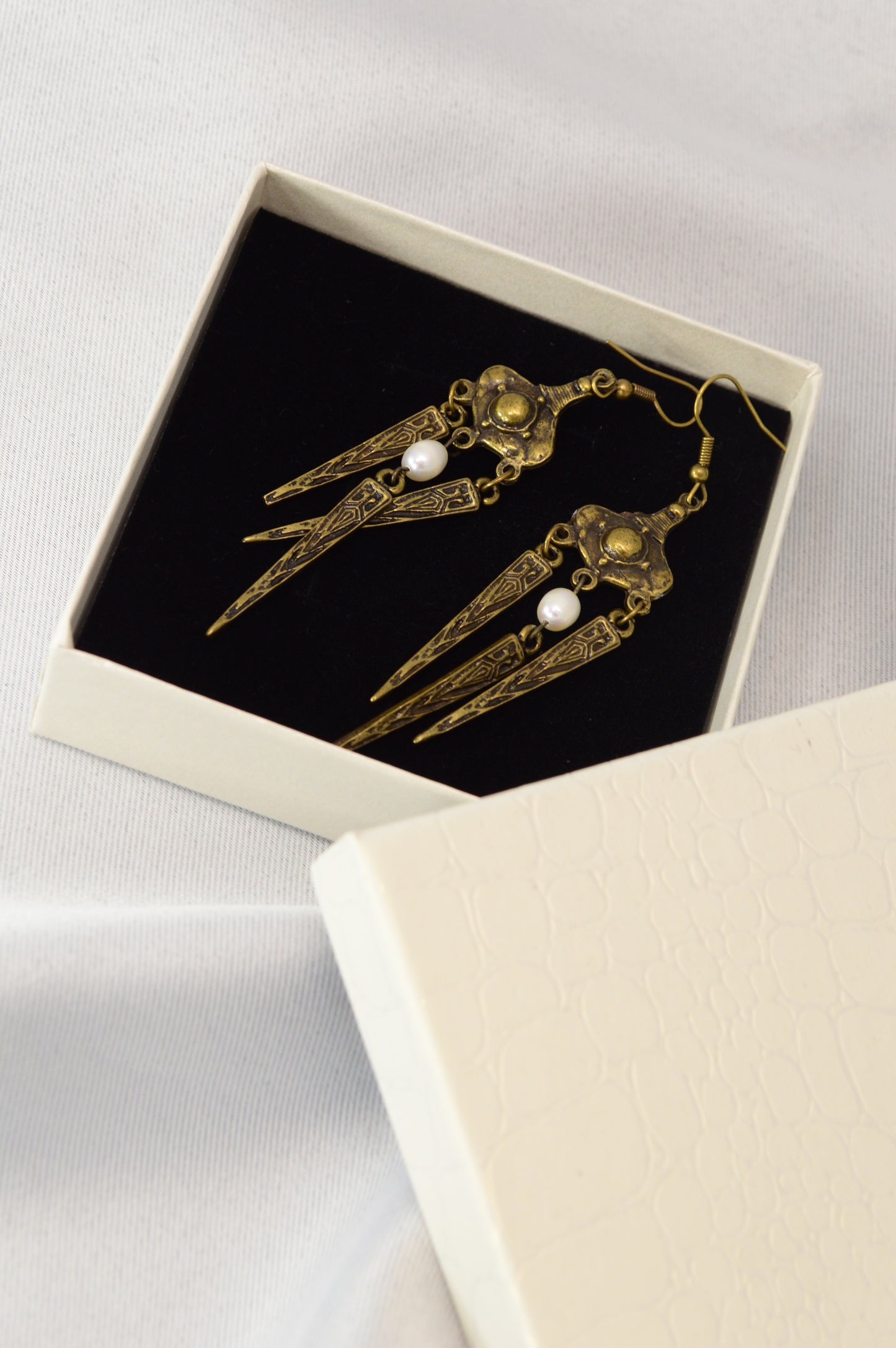 Boho Tribal Pearl Dangle Earrings in Silver & Bronze 10cm - 4"