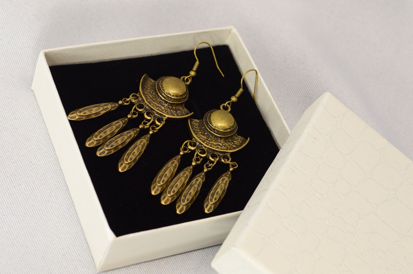 Boho Crescent Dangle Earrings in Silver & Bronze – 7.5 cm / 3"