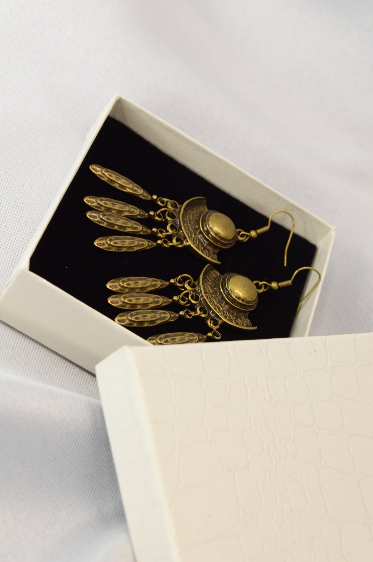 Boho Crescent Dangle Earrings in Silver & Bronze – 7.5 cm / 3"