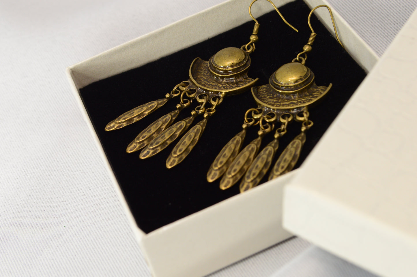 Boho Crescent Dangle Earrings in Silver & Bronze – 7.5 cm / 3"