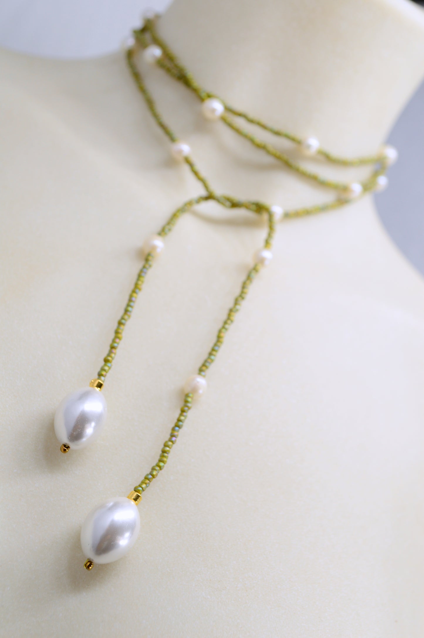 White Pearl Lariat Necklace – Adjustable Seed Bead Y Necklace