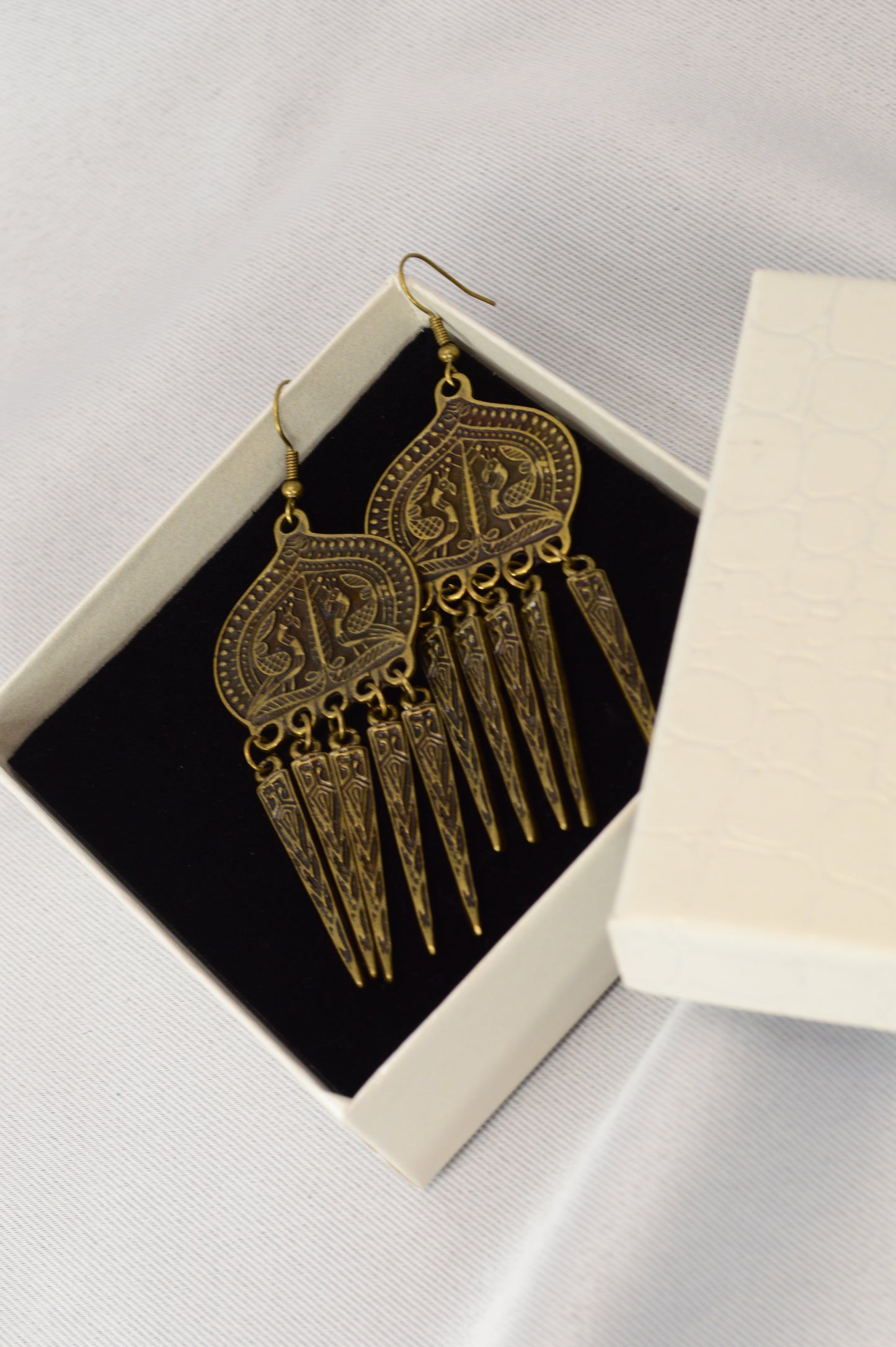 Boho Ethnic Peacock Dangle Earrings – Bronze – 9 cm / 3.5"