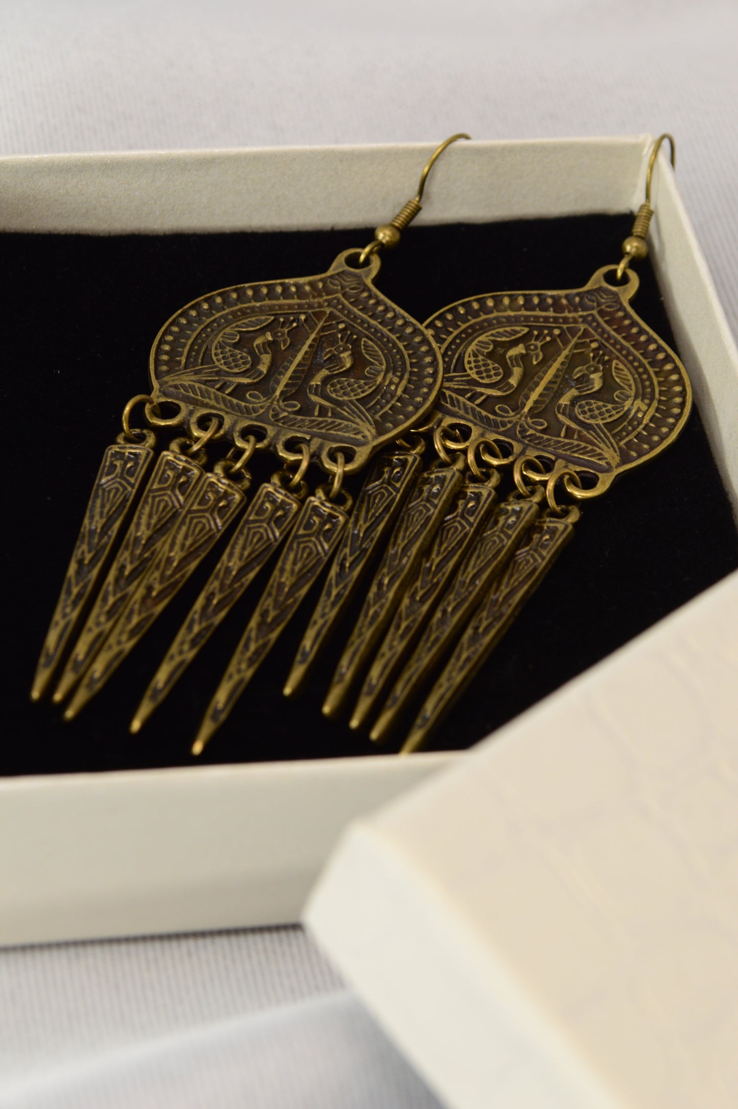 Boho Ethnic Peacock Dangle Earrings – Bronze – 9 cm / 3.5"
