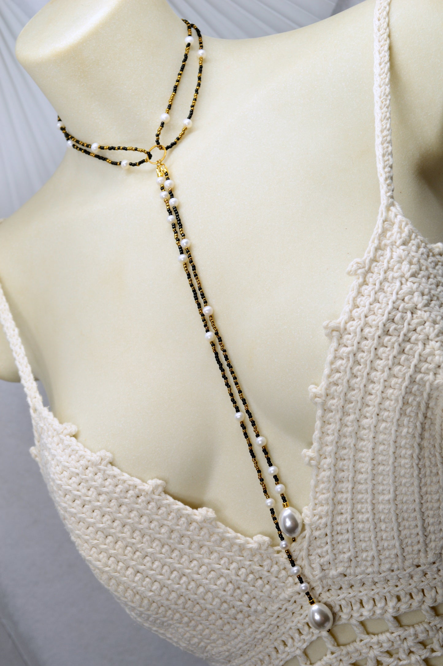 Modern Adjustable Y Necklace with Freshwater Pearls & Mother-of-Pearl Accents