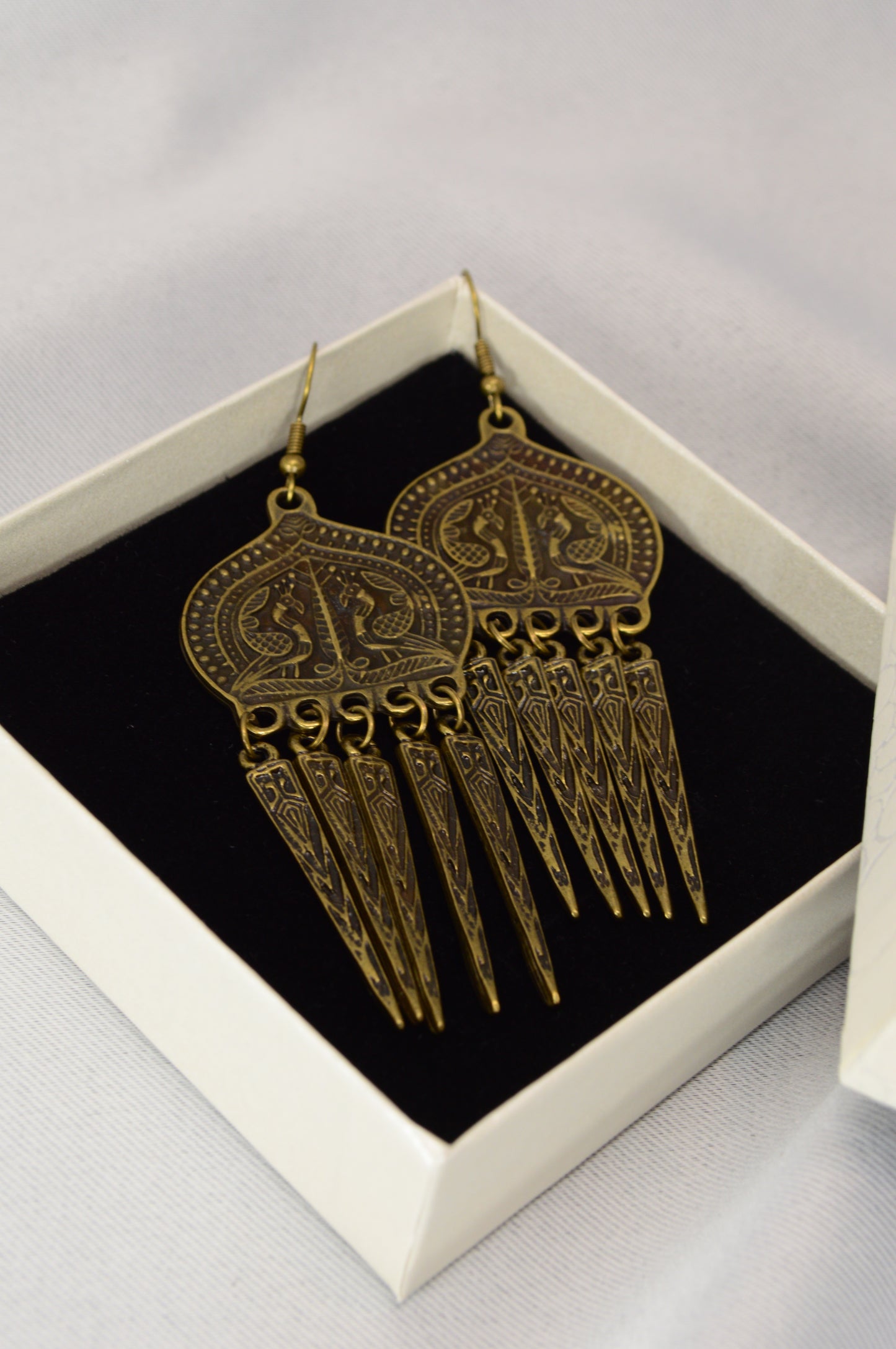 Boho Ethnic Peacock Dangle Earrings – Bronze – 9 cm / 3.5"