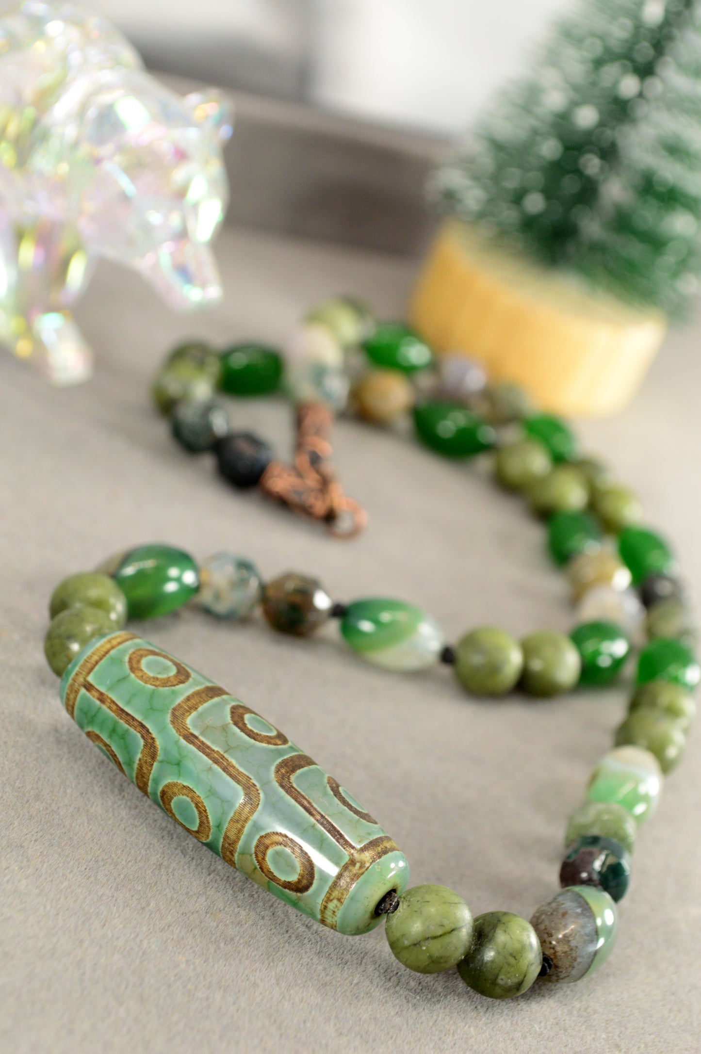 Green Agate, Jade, Esmeralda  & Tibetan Dzi Bead Necklace – Boho Healing Stone Jewelry