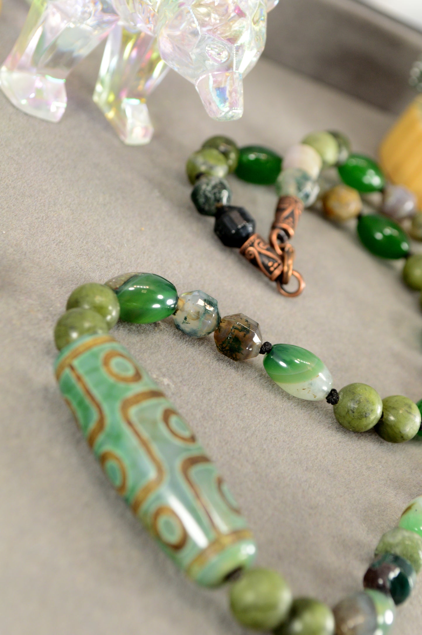 Green Agate, Jade, Esmeralda  & Tibetan Dzi Bead Necklace – Boho Healing Stone Jewelry