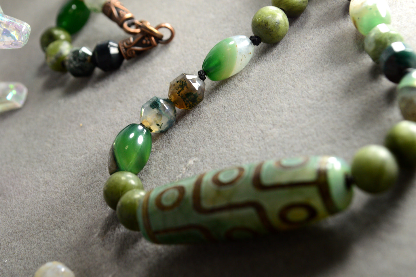Green Agate, Jade, Esmeralda  & Tibetan Dzi Bead Necklace – Boho Healing Stone Jewelry