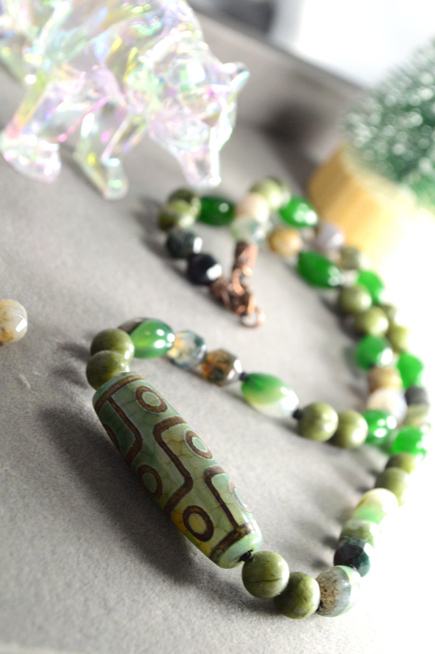 Green Agate, Jade, Esmeralda  & Tibetan Dzi Bead Necklace – Boho Healing Stone Jewelry