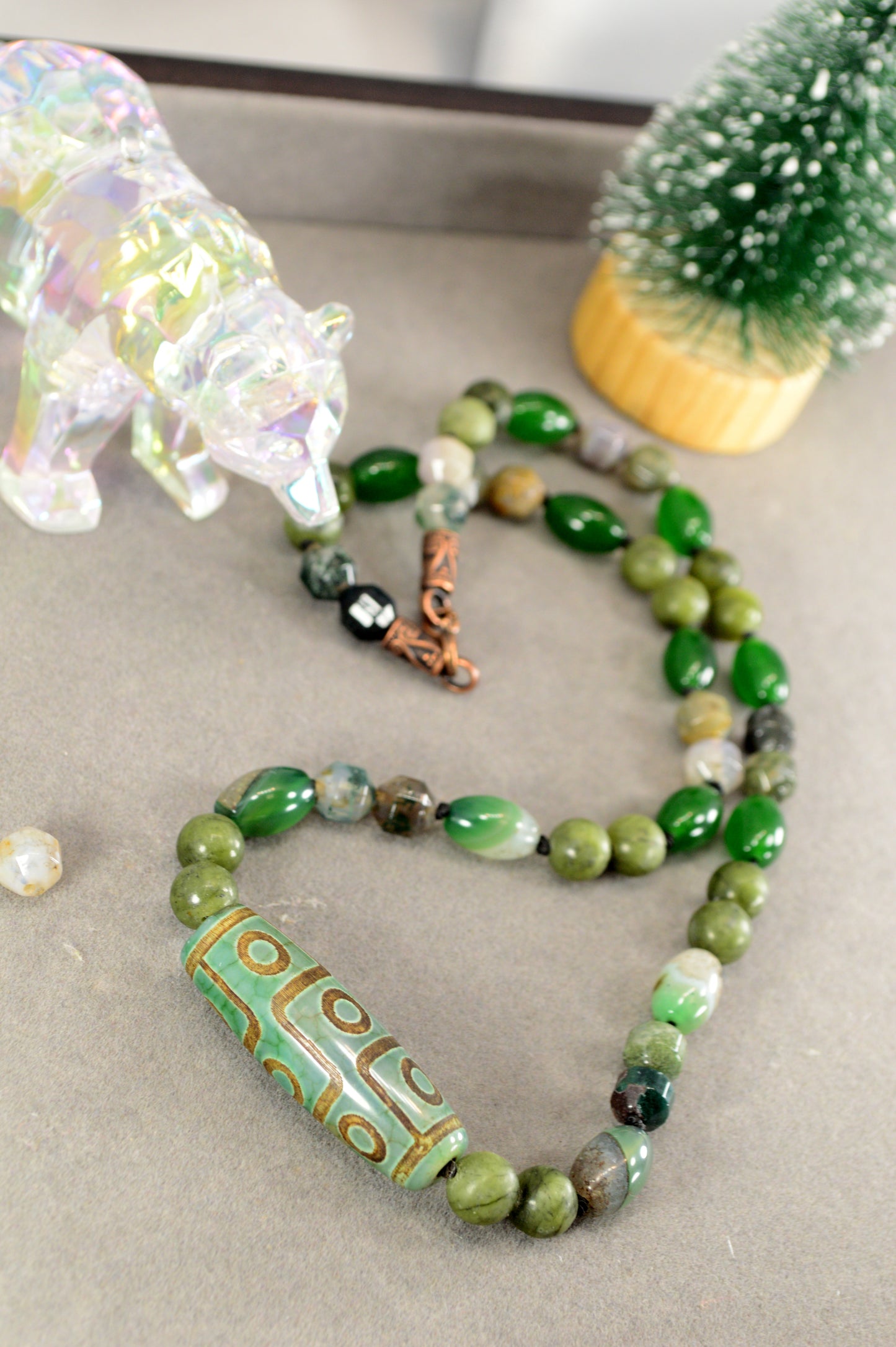 Green Agate, Jade, Esmeralda  & Tibetan Dzi Bead Necklace – Boho Healing Stone Jewelry