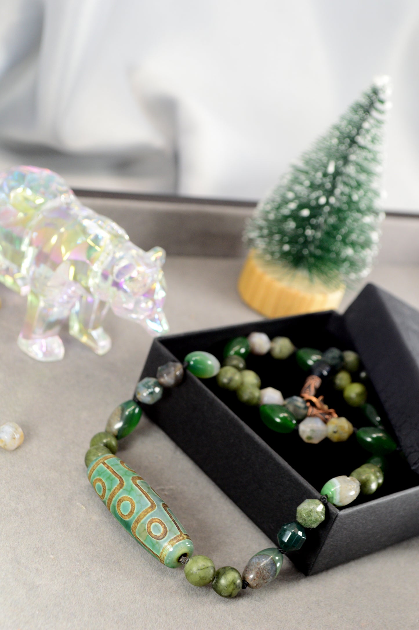 Green Agate, Jade, Esmeralda  & Tibetan Dzi Bead Necklace – Boho Healing Stone Jewelry