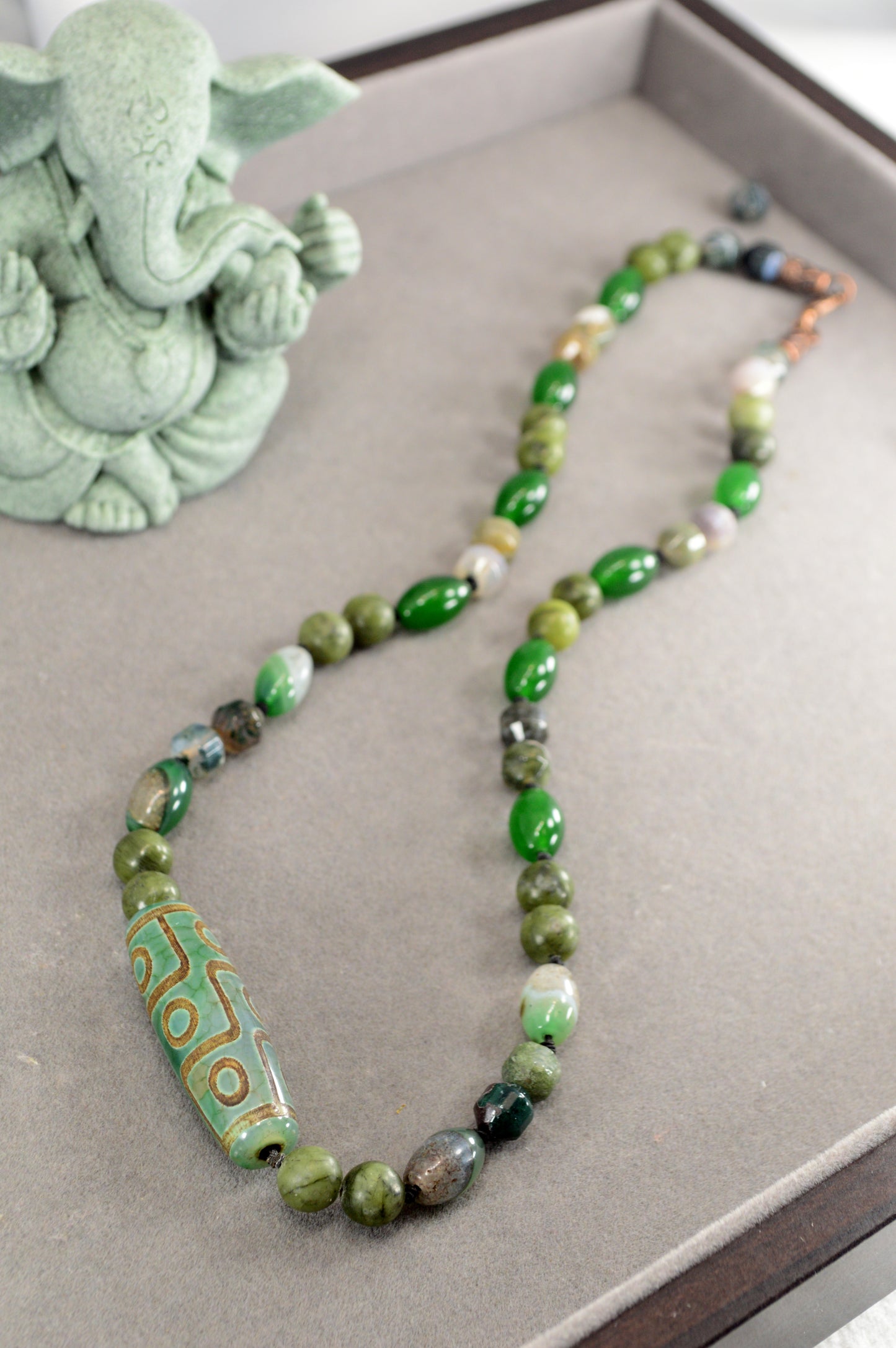 Green Agate, Jade, Esmeralda  & Tibetan Dzi Bead Necklace – Boho Healing Stone Jewelry