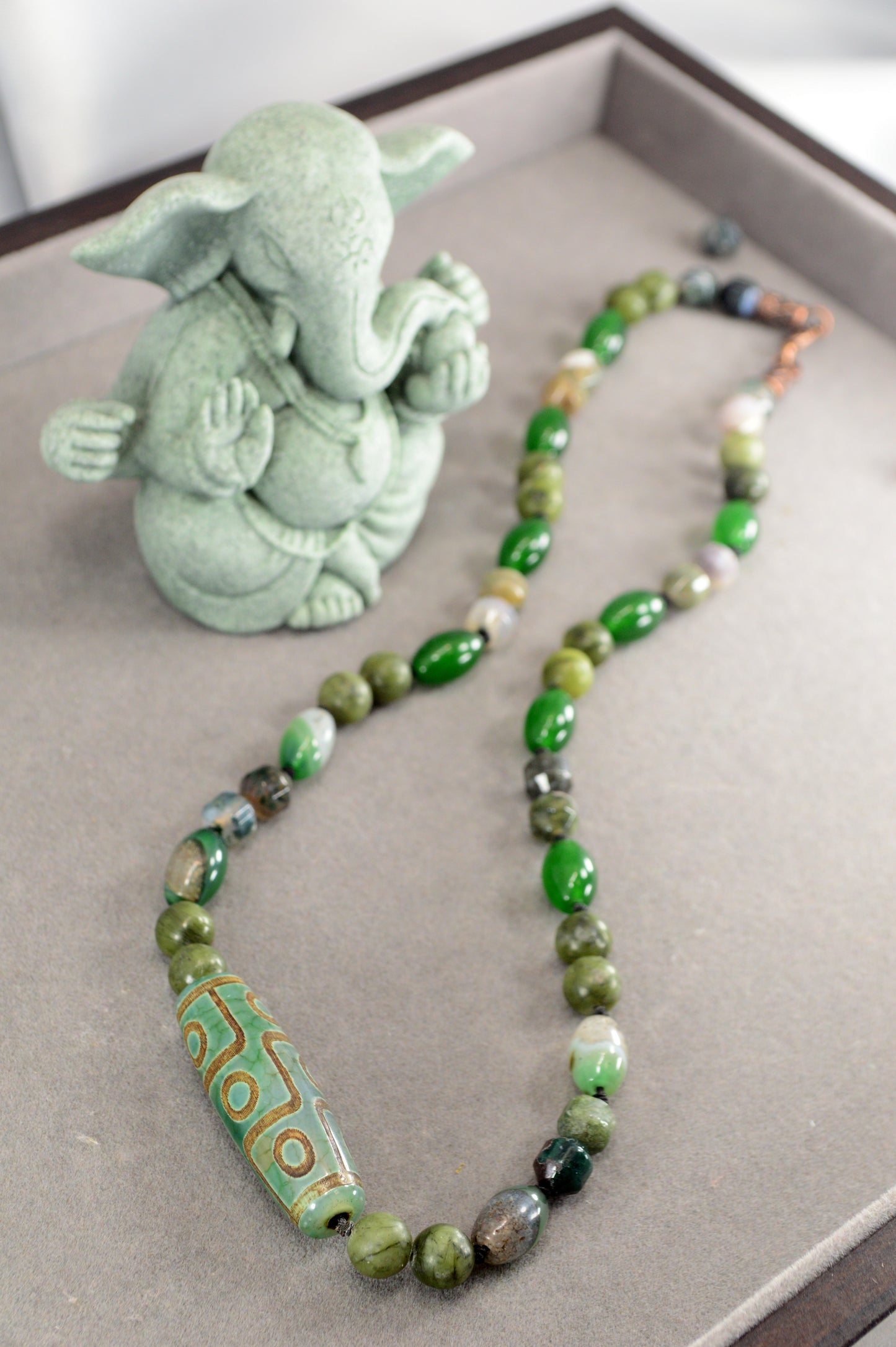 Green Agate, Jade, Esmeralda  & Tibetan Dzi Bead Necklace – Boho Healing Stone Jewelry