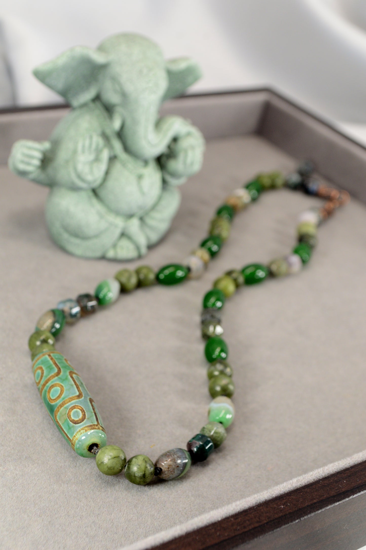 Green Agate, Jade, Esmeralda  & Tibetan Dzi Bead Necklace – Boho Healing Stone Jewelry