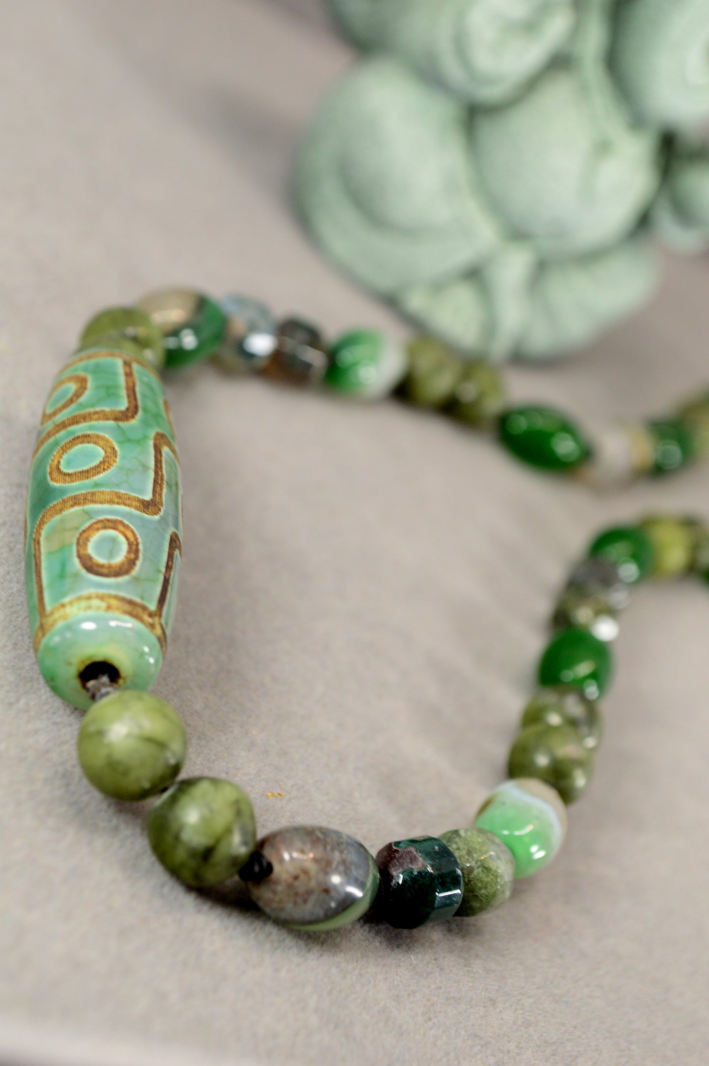 Green Agate, Jade, Esmeralda  & Tibetan Dzi Bead Necklace – Boho Healing Stone Jewelry