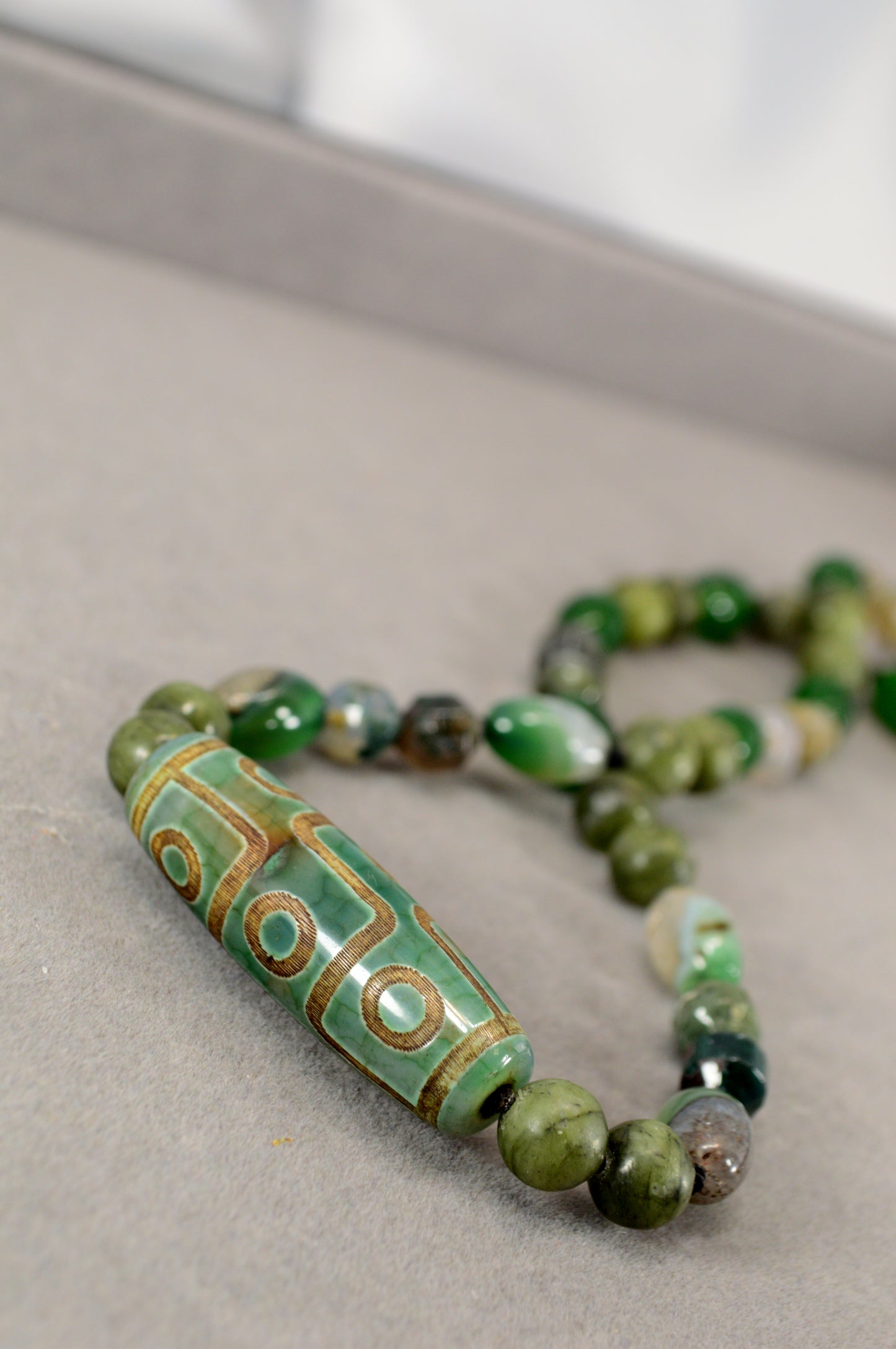 Green Agate, Jade, Esmeralda  & Tibetan Dzi Bead Necklace – Boho Healing Stone Jewelry