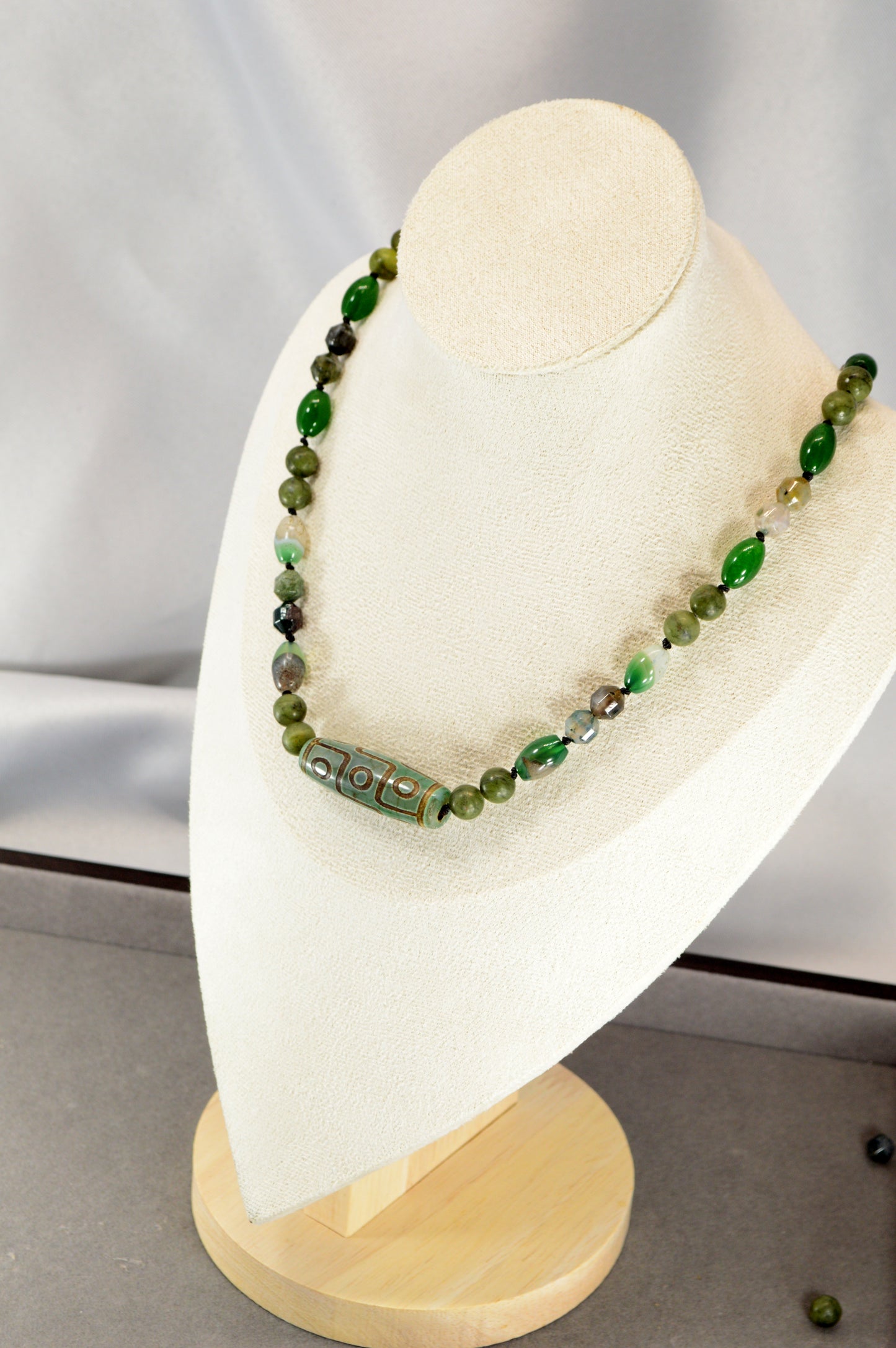 Green Agate, Jade, Esmeralda  & Tibetan Dzi Bead Necklace – Boho Healing Stone Jewelry