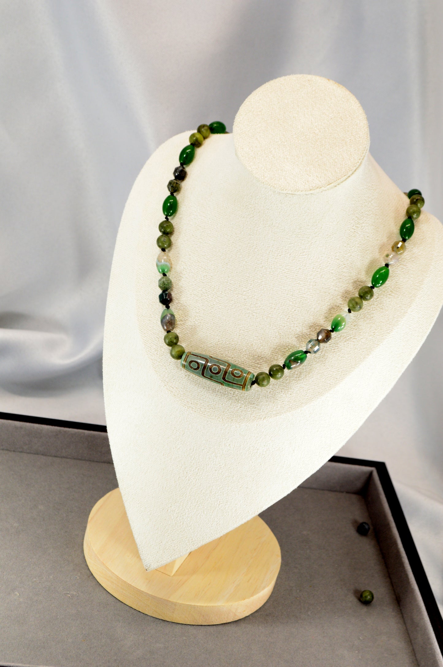 Green Agate, Jade, Esmeralda  & Tibetan Dzi Bead Necklace – Boho Healing Stone Jewelry