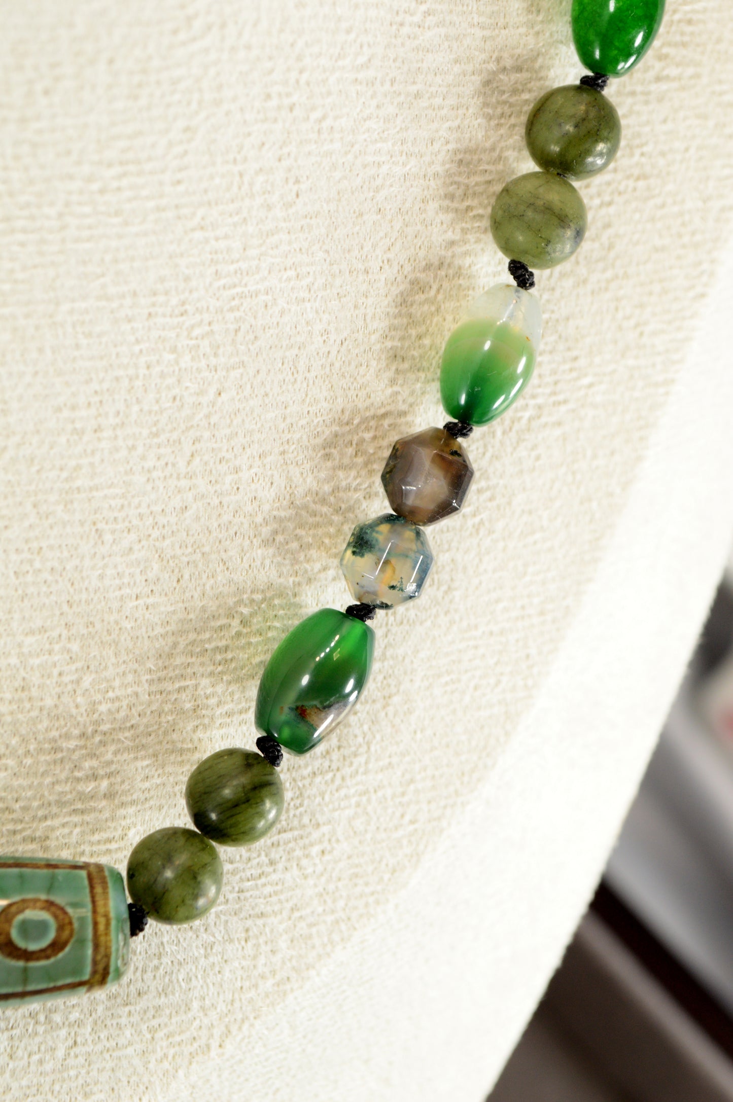 Green Agate, Jade, Esmeralda  & Tibetan Dzi Bead Necklace – Boho Healing Stone Jewelry