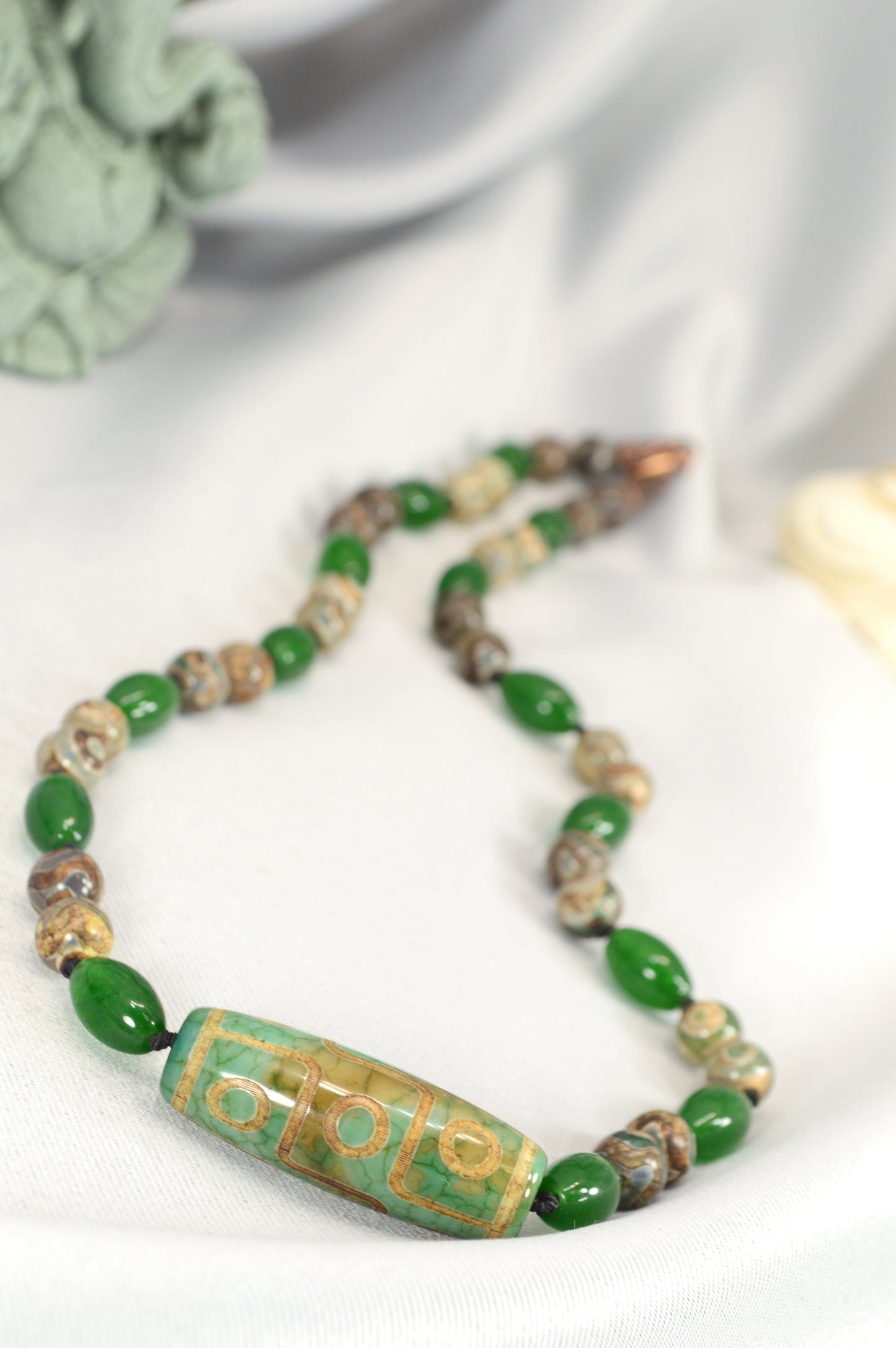 Green Tibetan Dzi Bead Necklace – Boho Protection Amulet Jewelry / Spiritual Gift for Him & Her