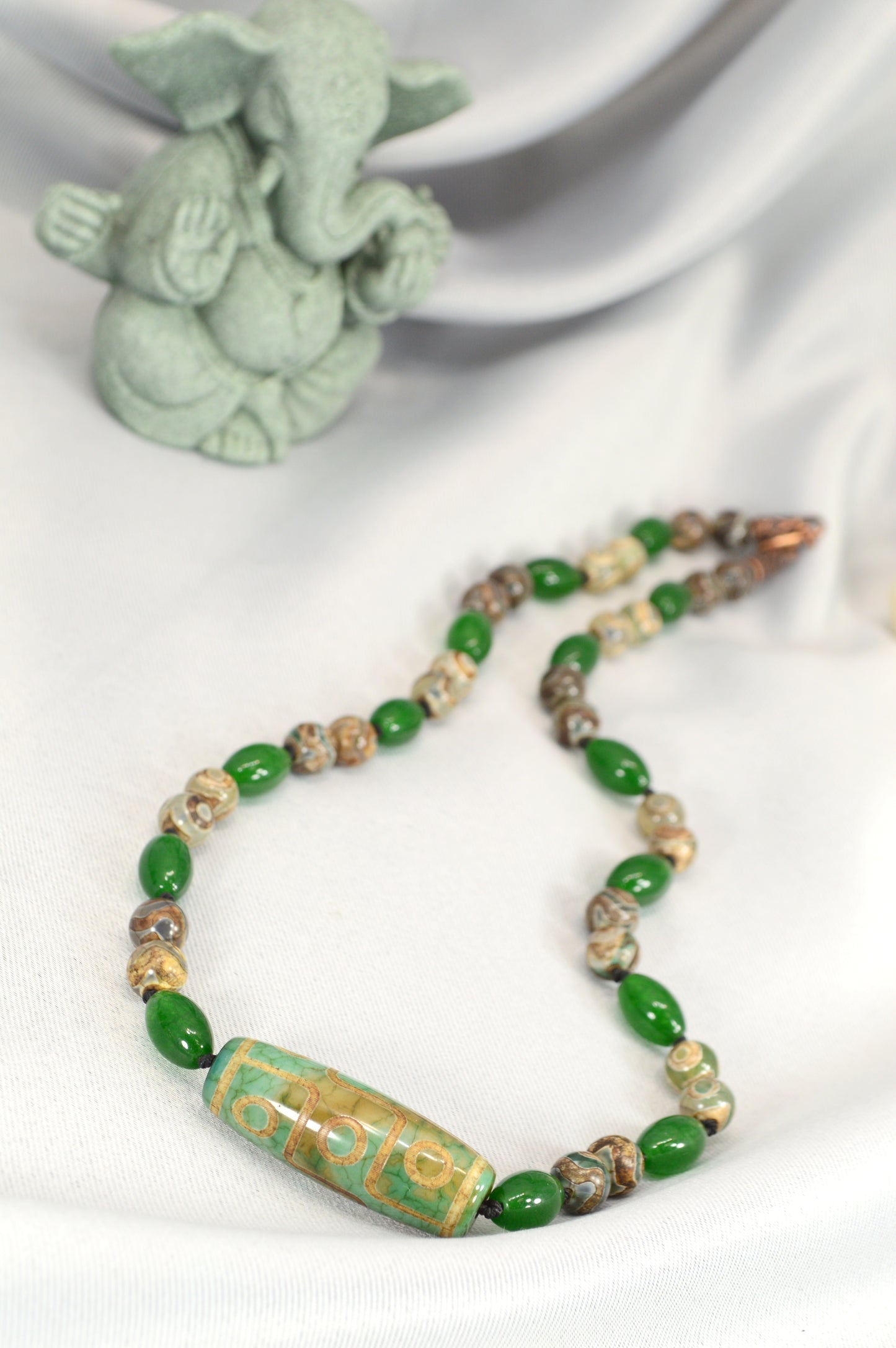 Green Tibetan Dzi Bead Necklace – Boho Protection Amulet Jewelry / Spiritual Gift for Him & Her