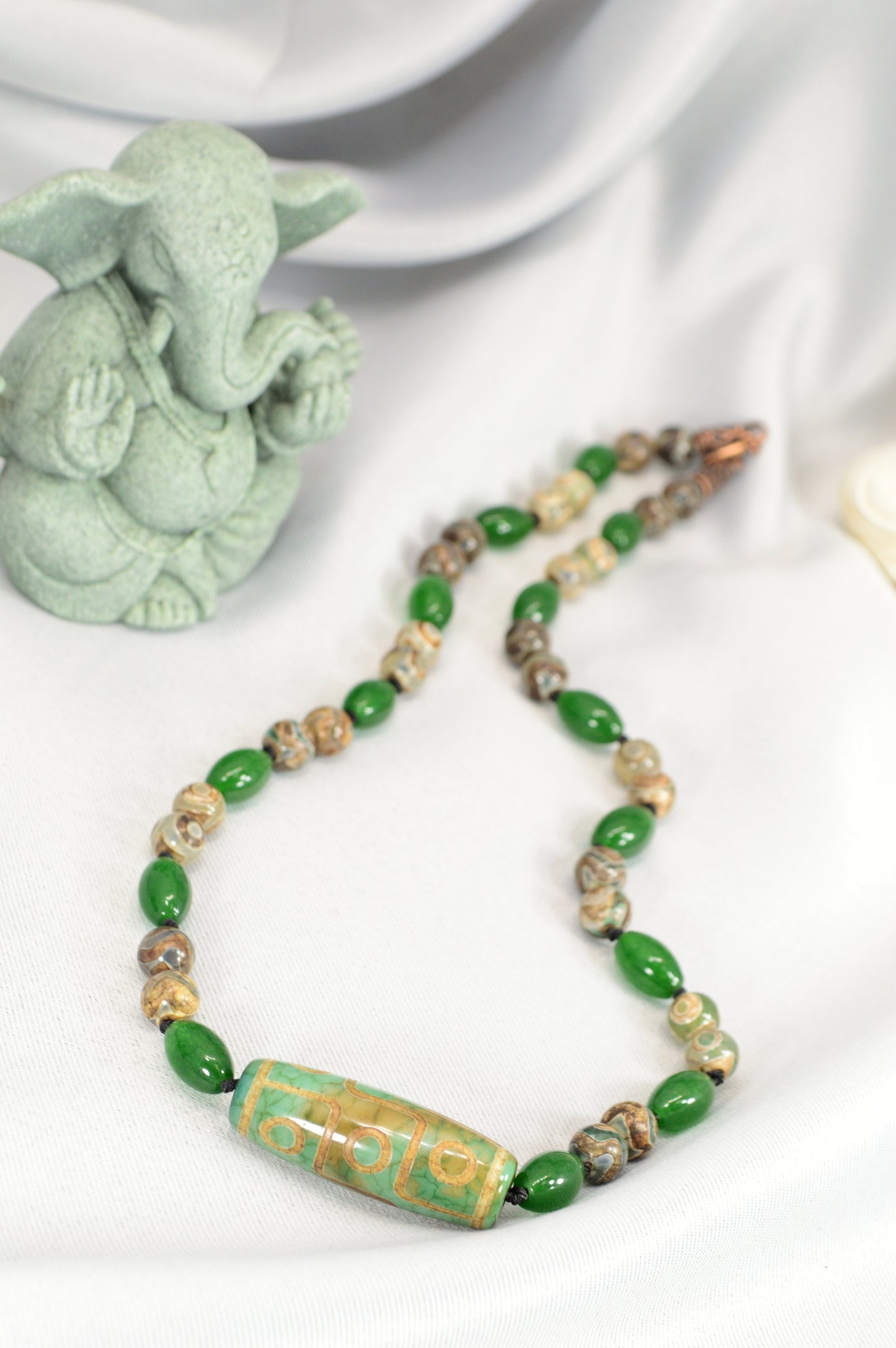 Green Tibetan Dzi Bead Necklace – Boho Protection Amulet Jewelry / Spiritual Gift for Him & Her