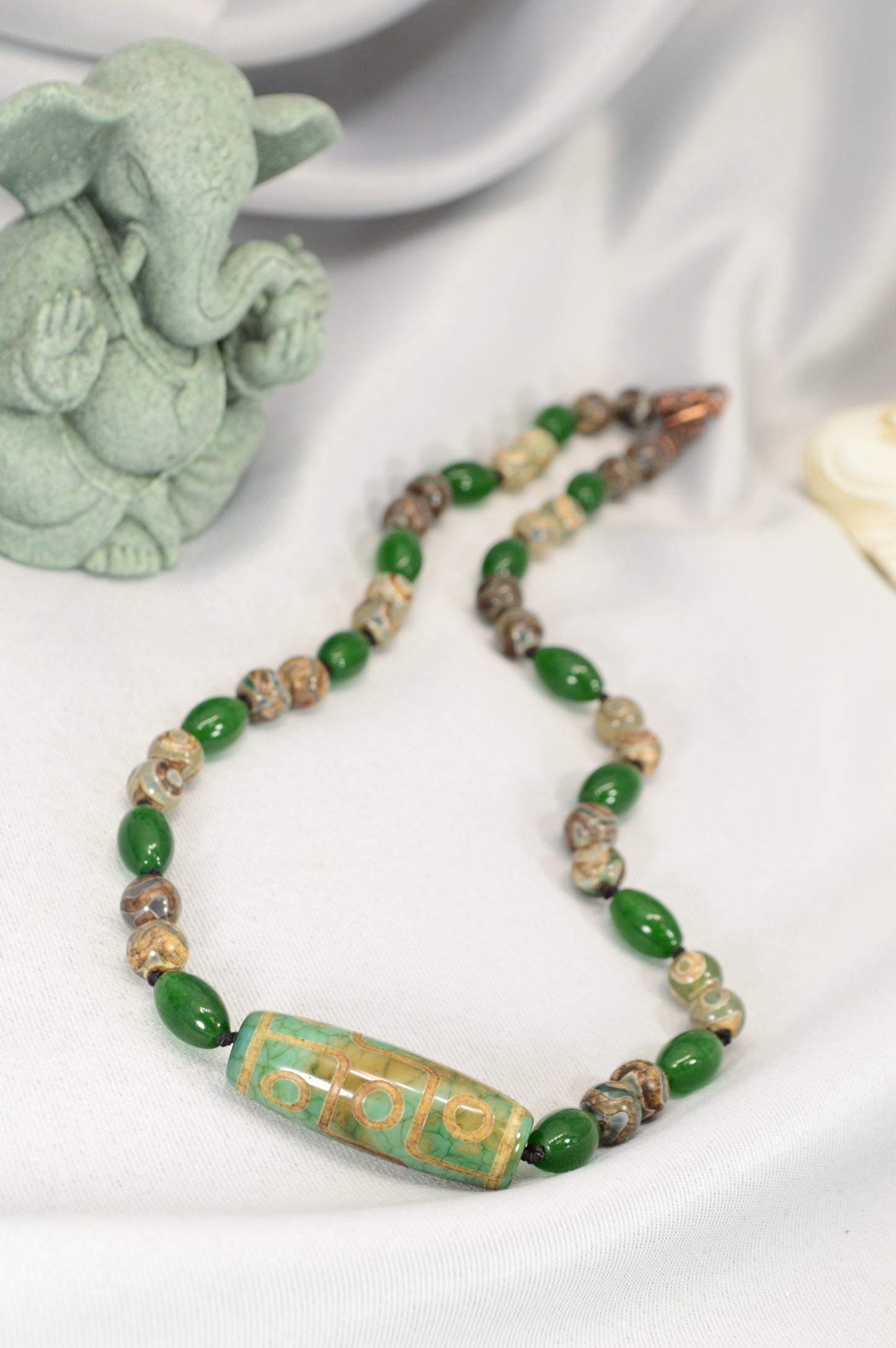 Green Tibetan Dzi Bead Necklace – Boho Protection Amulet Jewelry / Spiritual Gift for Him & Her