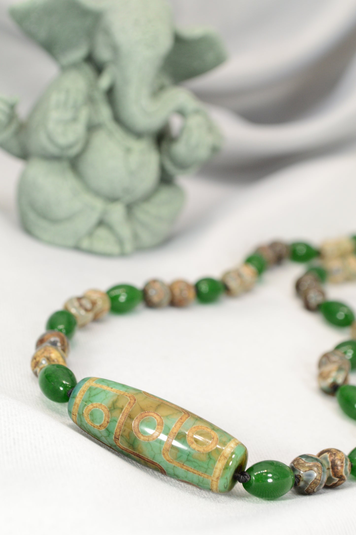 Green Tibetan Dzi Bead Necklace – Boho Protection Amulet Jewelry / Spiritual Gift for Him & Her