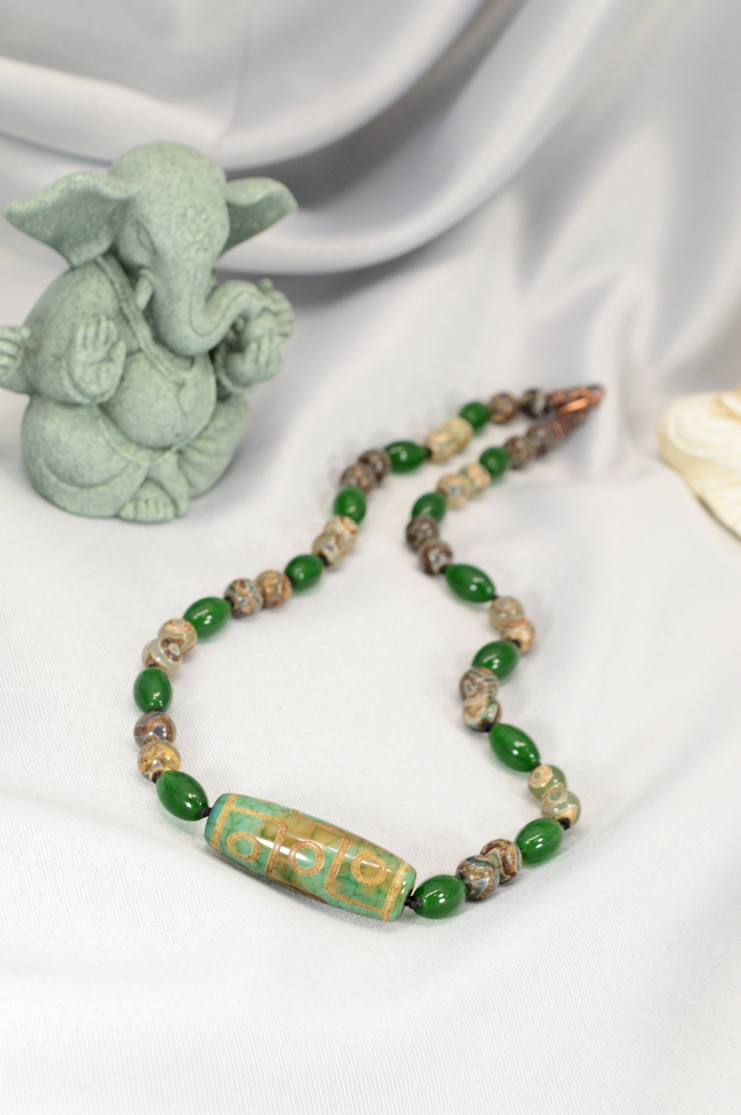 Green Tibetan Dzi Bead Necklace – Boho Protection Amulet Jewelry / Spiritual Gift for Him & Her