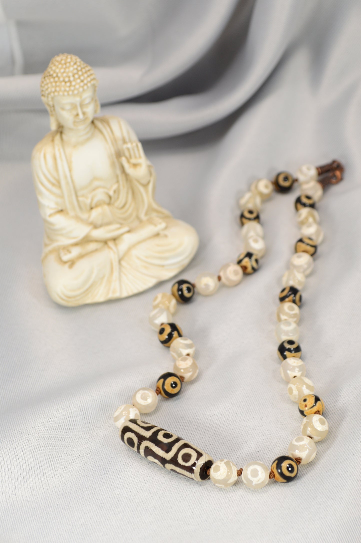 Black & Ivory Tibetan Dzi Bead Necklace – Boho Spiritual Amulet / Unisex Protection Jewelry