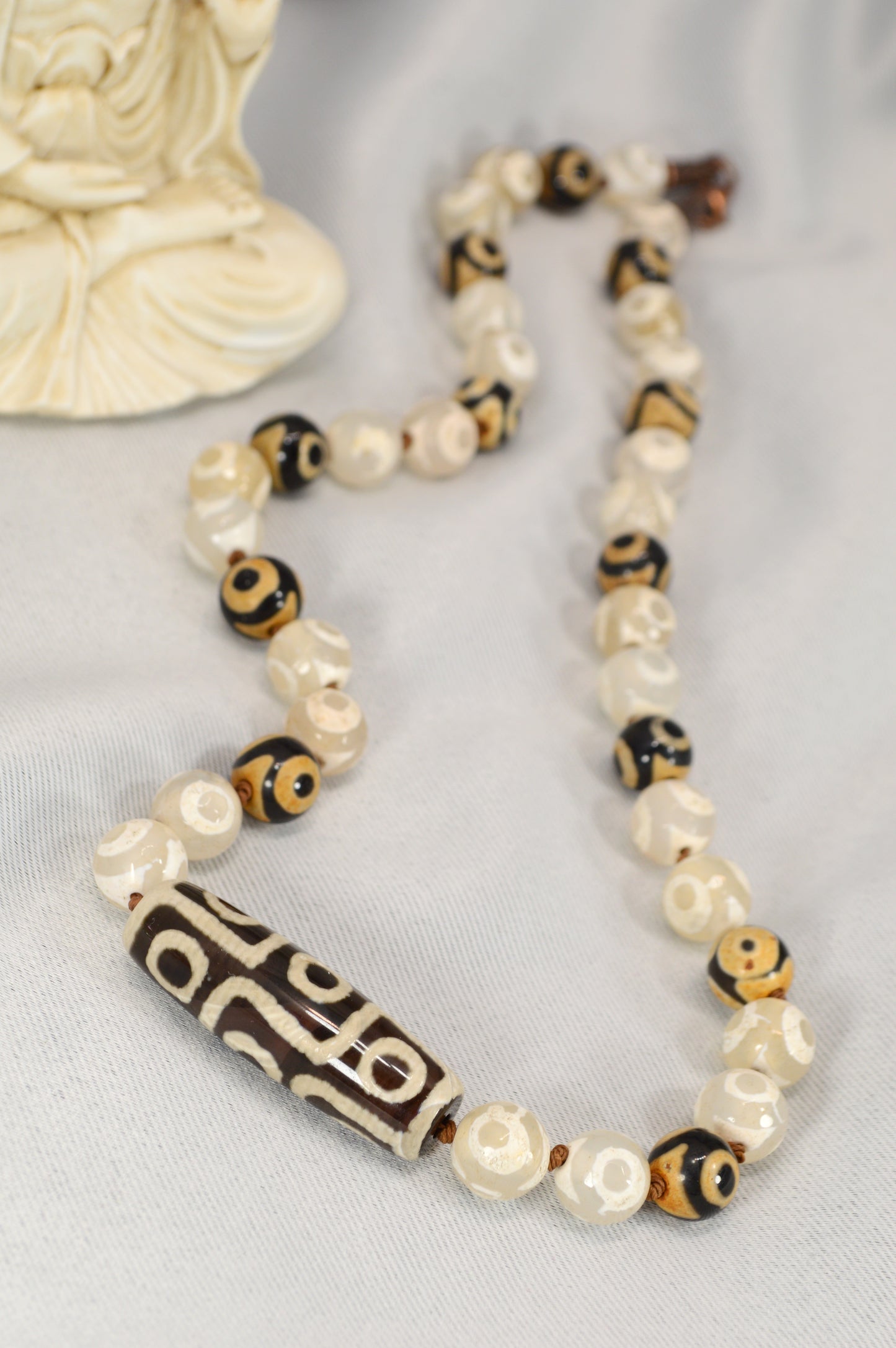Black & Ivory Tibetan Dzi Bead Necklace – Boho Spiritual Amulet / Unisex Protection Jewelry