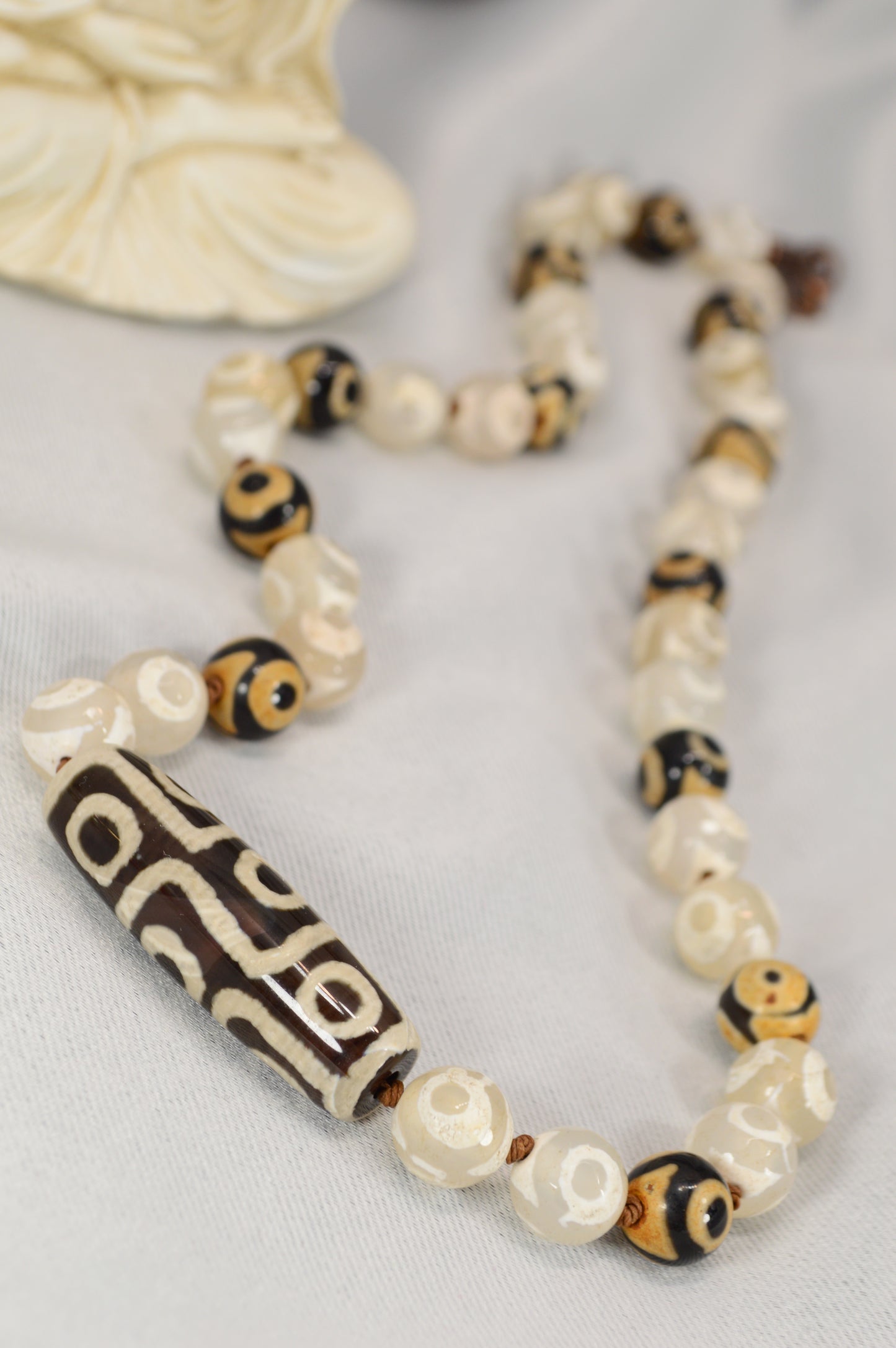 Black & Ivory Tibetan Dzi Bead Necklace – Boho Spiritual Amulet / Unisex Protection Jewelry