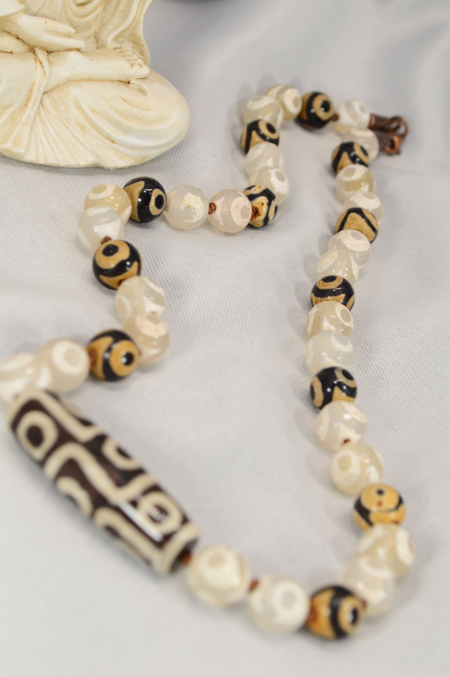 Black & Ivory Tibetan Dzi Bead Necklace – Boho Spiritual Amulet / Unisex Protection Jewelry
