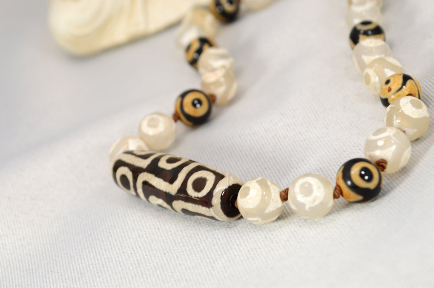 Black & Ivory Tibetan Dzi Bead Necklace – Boho Spiritual Amulet / Unisex Protection Jewelry