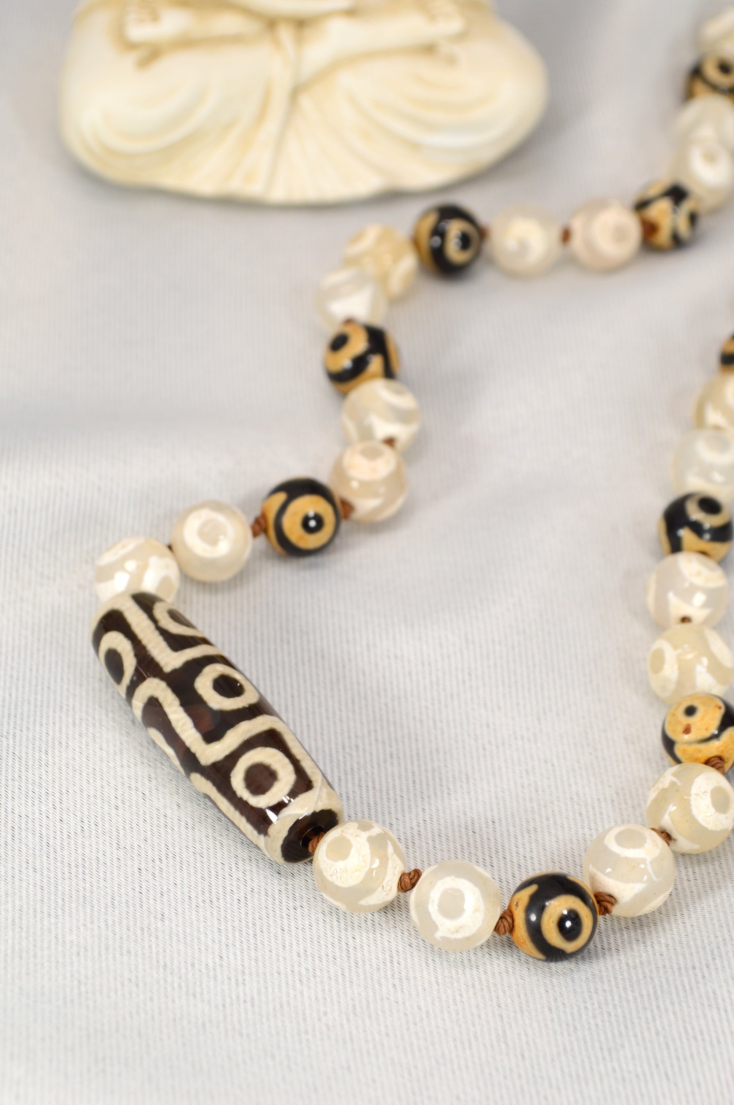Black & Ivory Tibetan Dzi Bead Necklace – Boho Spiritual Amulet / Unisex Protection Jewelry